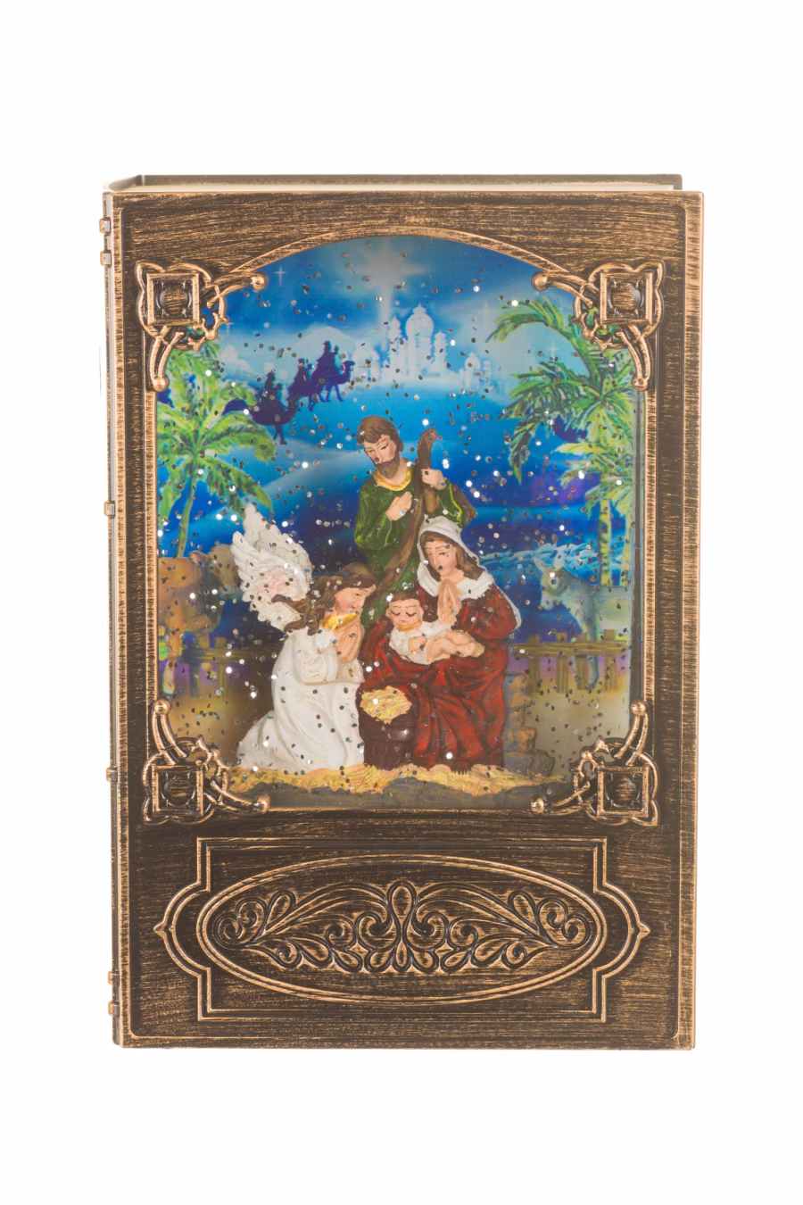 7.5" Musical Brass Glass Bookend LED Snow Globe with Nativity