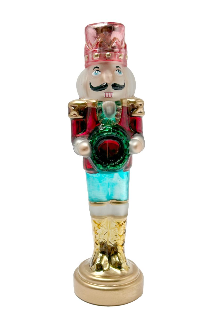 Red Glass Hanging Nutcracker Ornament holding Wreath