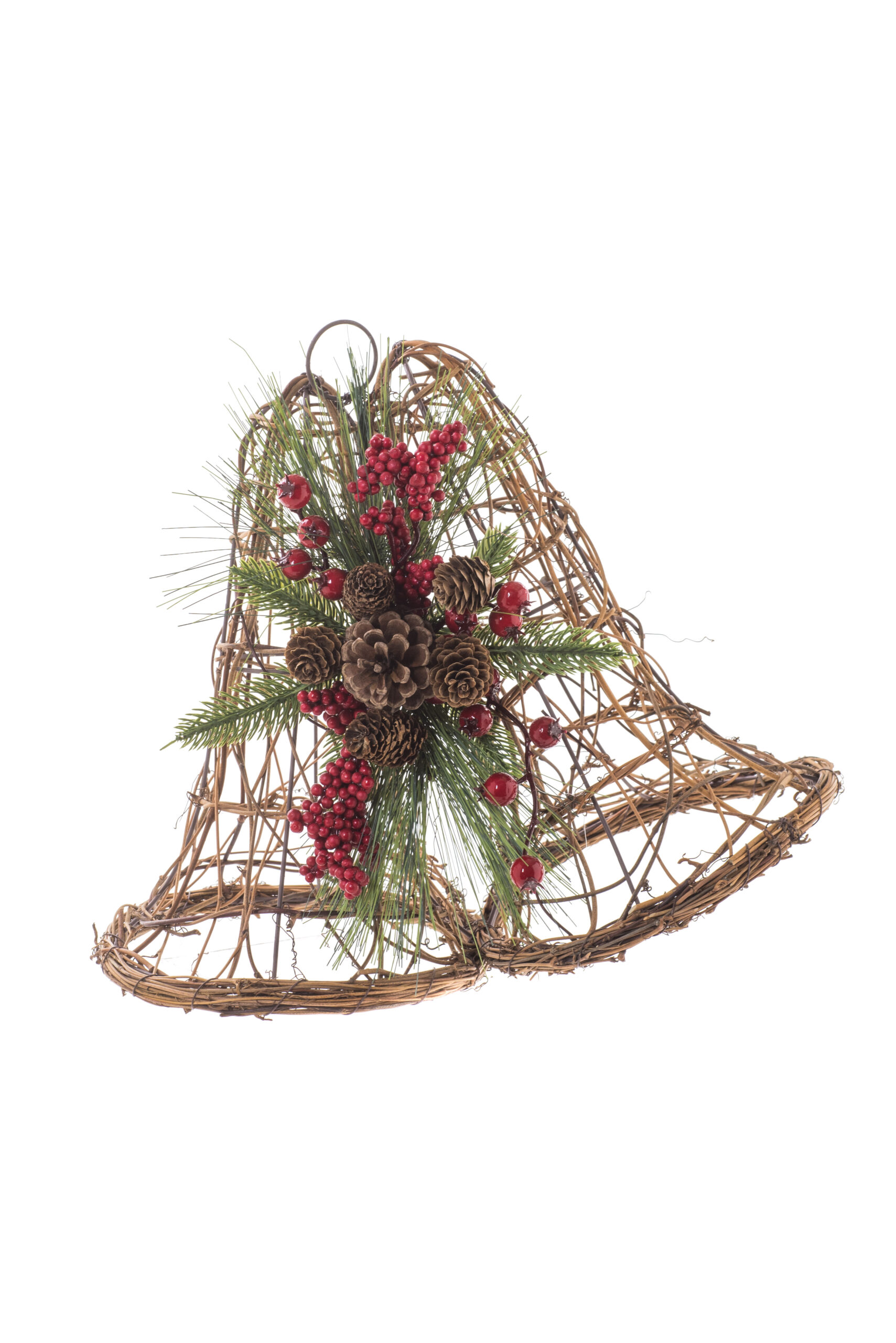 Brown Wood Hangable Wireframe Bells with Berry Spray
