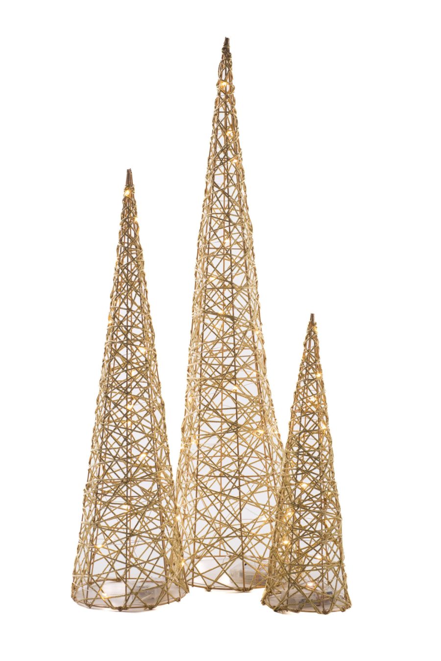 Golden Wireframe Glittered Cone Accent Lighted Tree Set