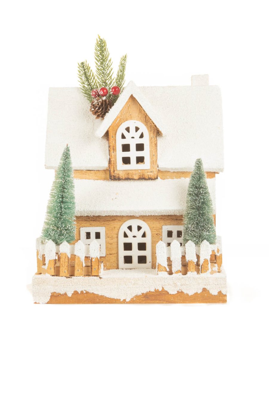 White and Light Brown Wooden Snowy Warm White LED Cabin