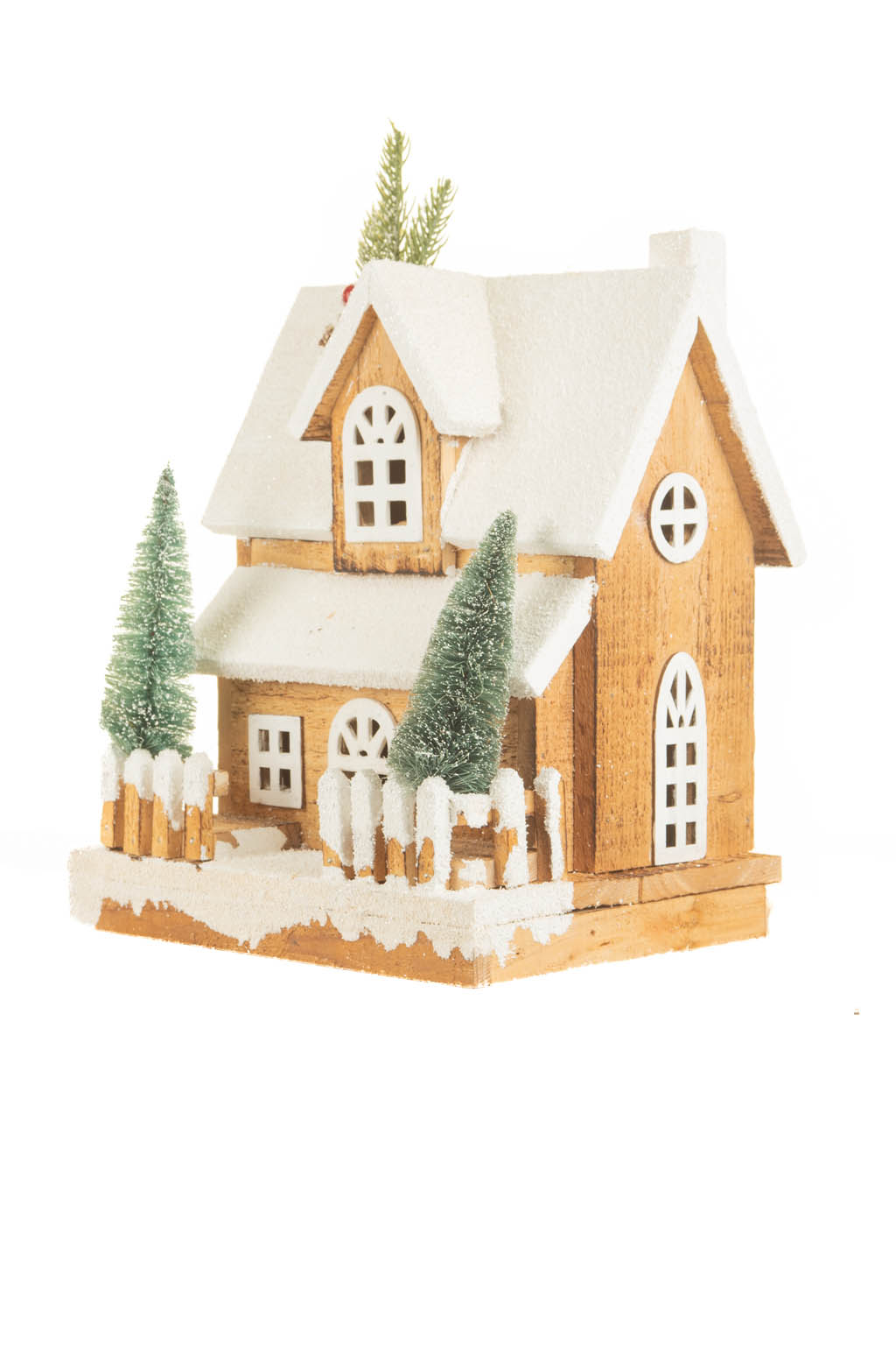 White and Light Brown Wooden Snowy Warm White LED Cabin - Image 2