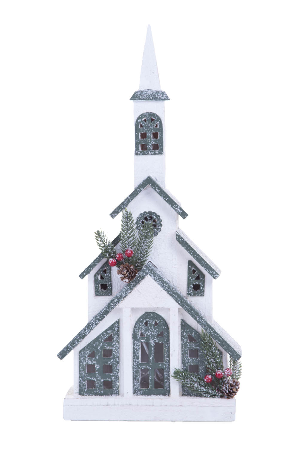 White and Green Geometric Wooden Winter Warm White LED Church