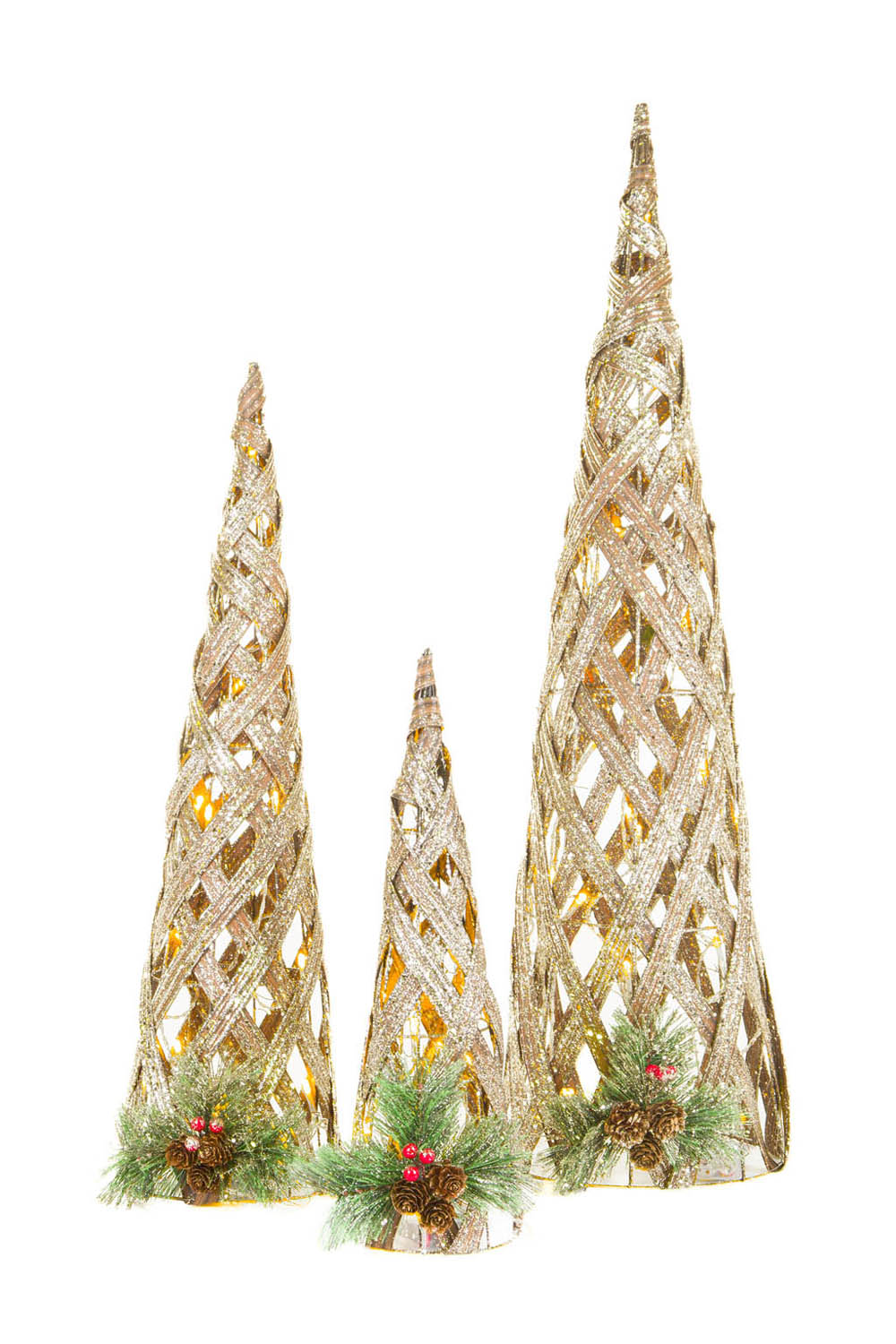 Glittery Gold Warm White LED Trees with Mistletoe and Pinecones ,  Set Of 3