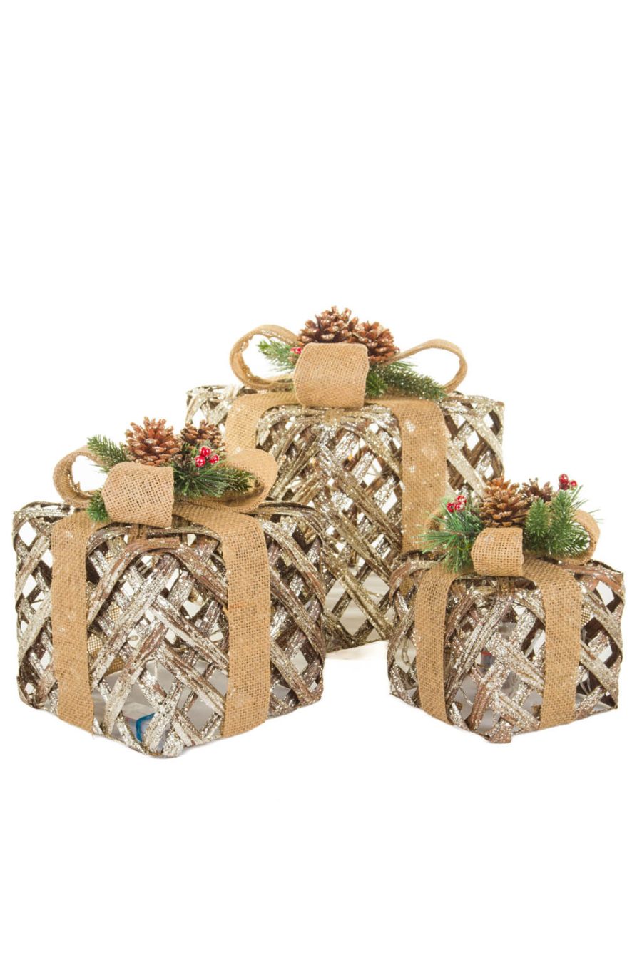 Glittery Gold Warm White LED Decorative Gift Boxes ,  Set Of 3