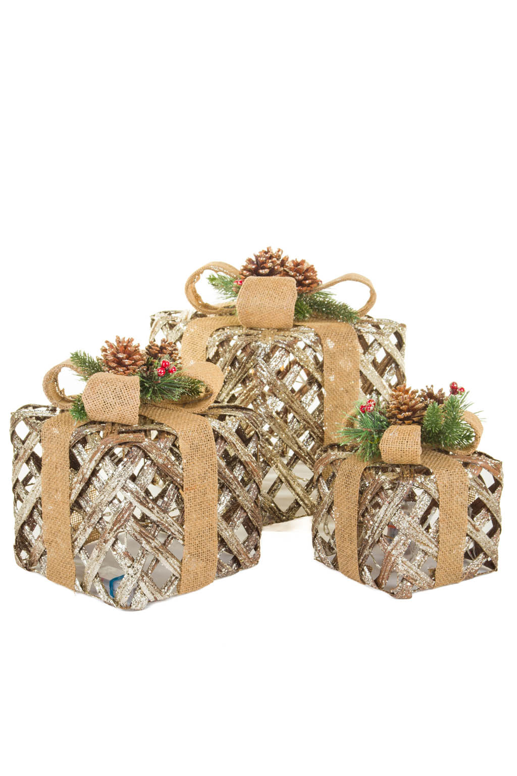 Glittery Gold Warm White LED Decorative Gift Boxes , Set Of 3