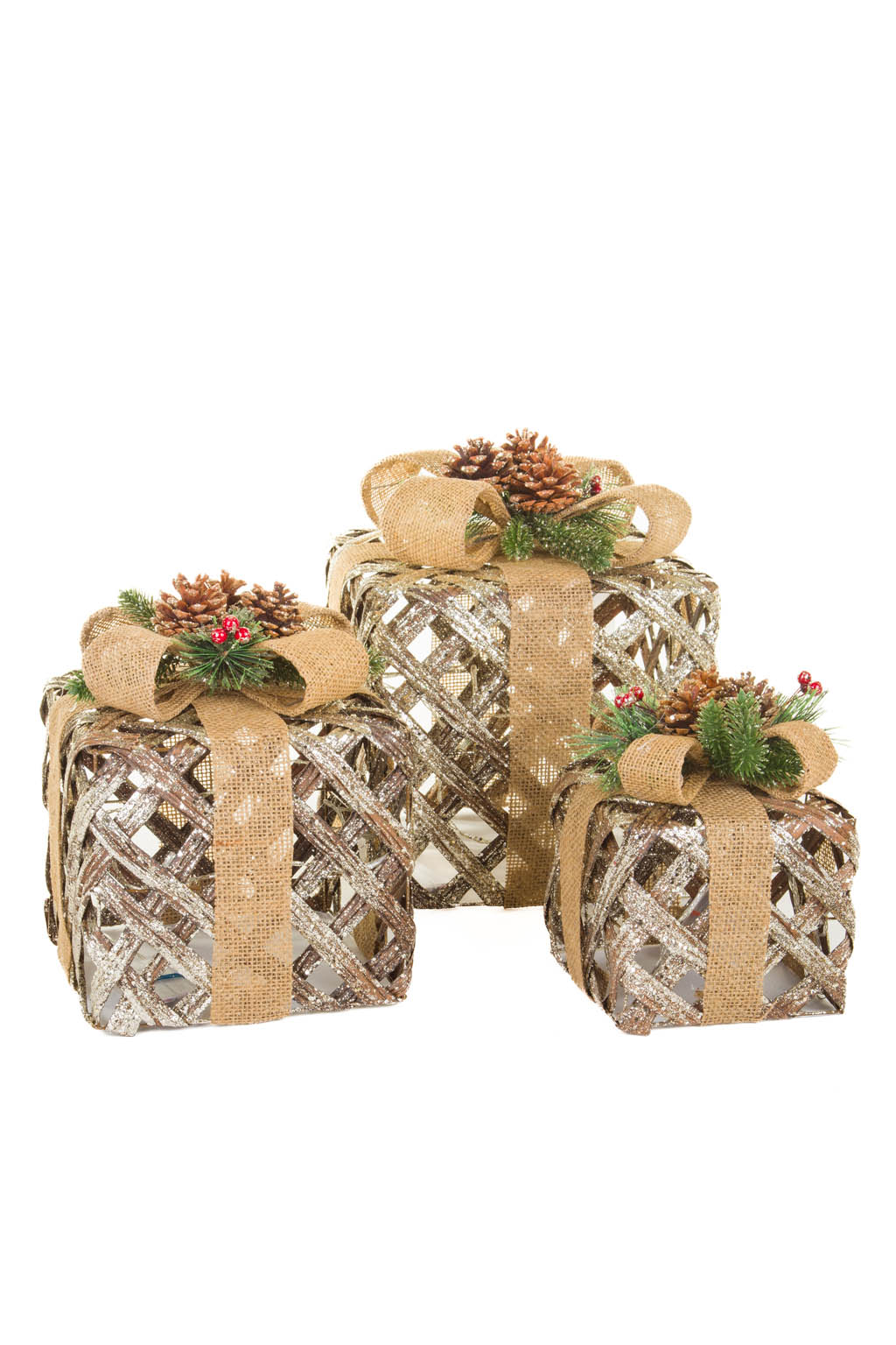 Glittery Gold Warm White LED Decorative Gift Boxes , Set Of 3 - Image 2
