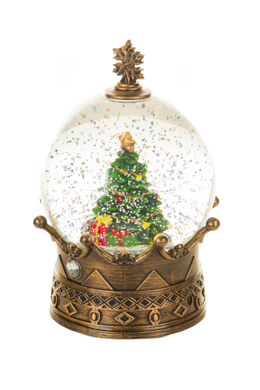 Brass Crowned Christmas Tree Warm White LED Snow Globe with Swirling Glitter - Image 2