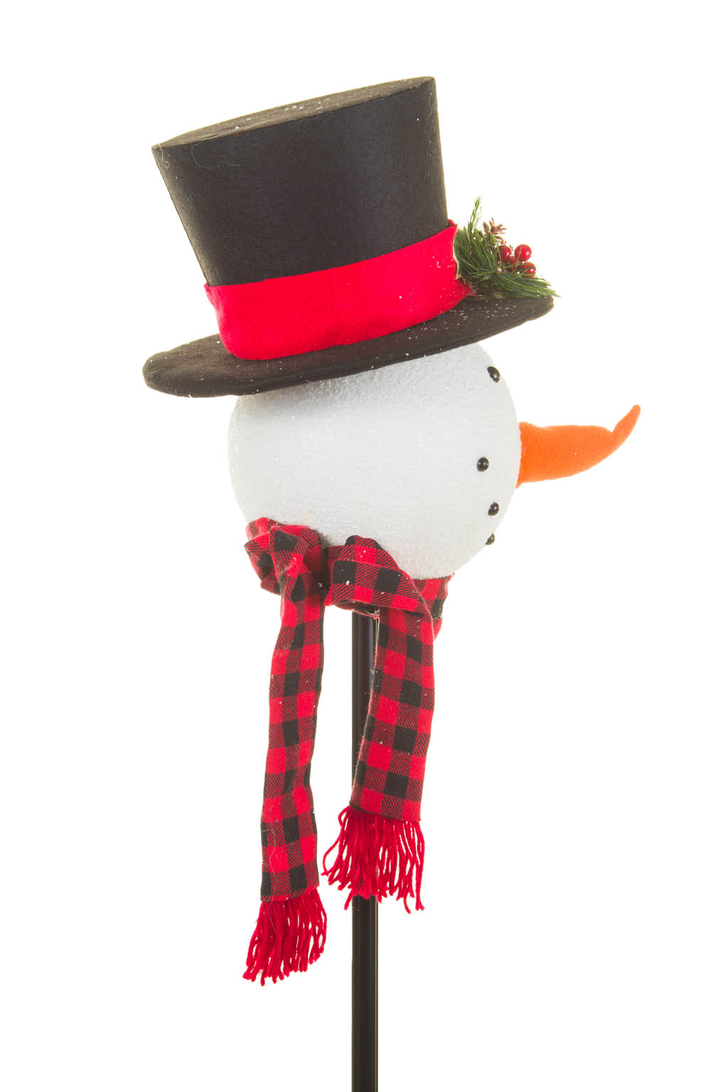 White and Buffalo Plaid Styrofoam Snowman Head Tree Topper with Top Hat - Image 2
