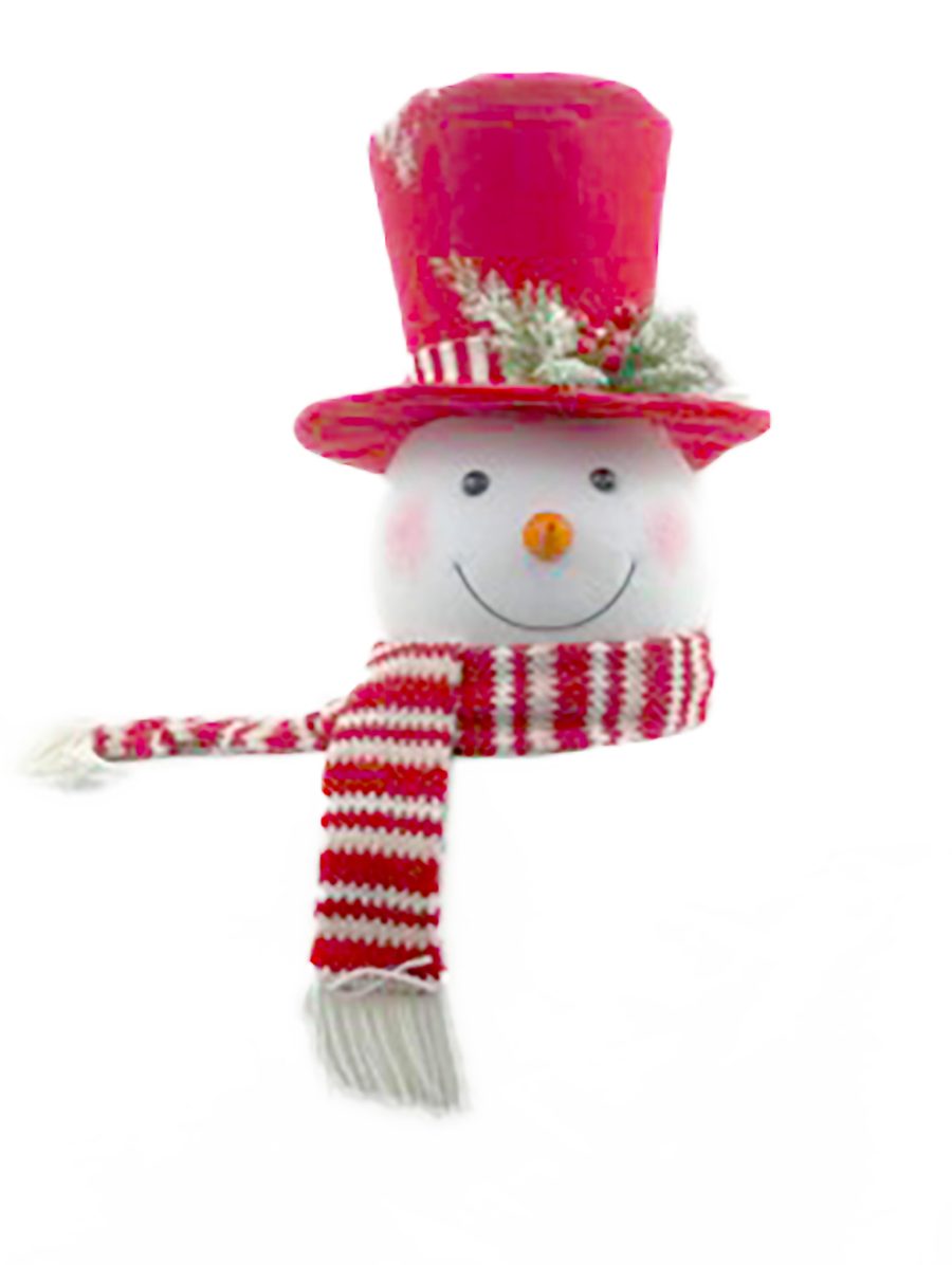 Festive White and Buffalo Plaid Styrofoam Snowman Head Tree Topper with Red Top Hat
