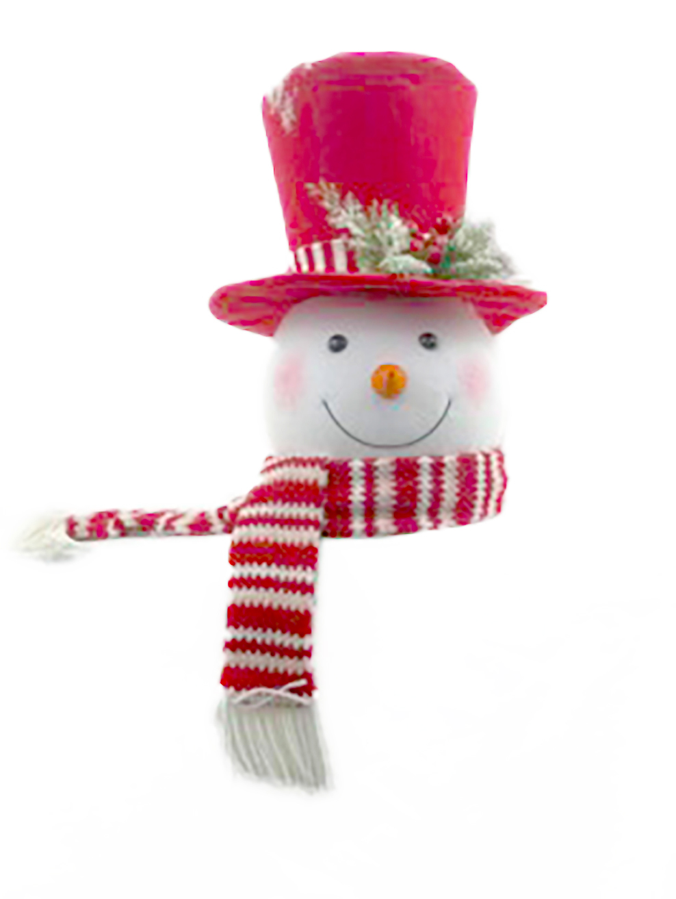 Festive White and Buffalo Plaid Styrofoam Snowman Head Tree Topper with Red Top Hat