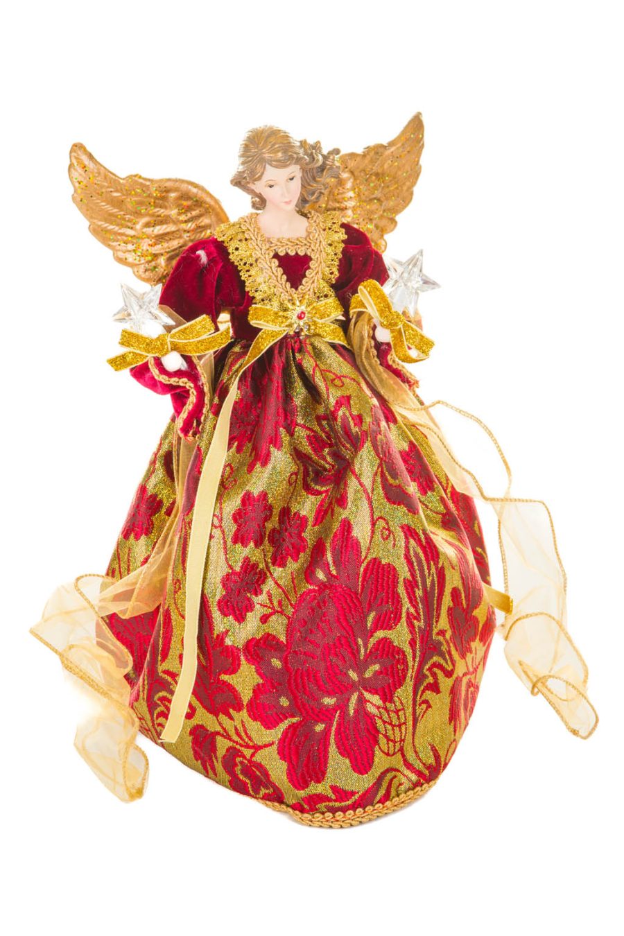 Red and Gold Sequin Luxurious Warm White LED Angel Tree Topper with Golden Accents