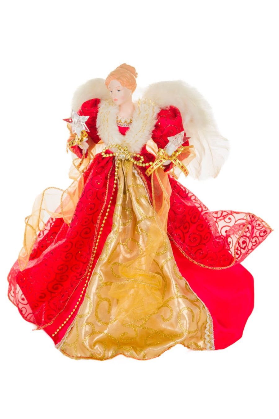Glittery Red and Gold Elegant Warm White LED Angel Tree Topper with Glowing Stars