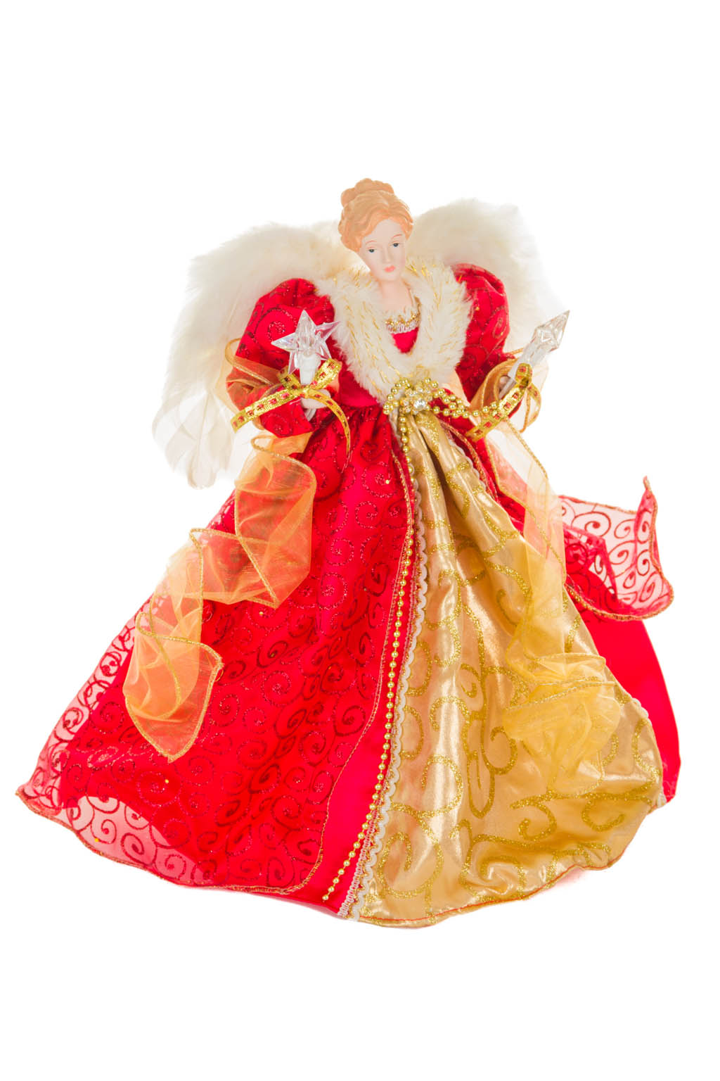 Glittery Red and Gold Elegant Warm White LED Angel Tree Topper with Glowing Stars - Image 4