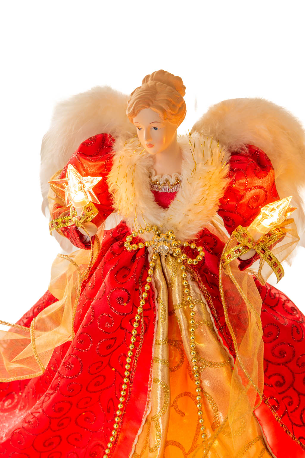 Glittery Red and Gold Elegant Warm White LED Angel Tree Topper with Glowing Stars - Image 5