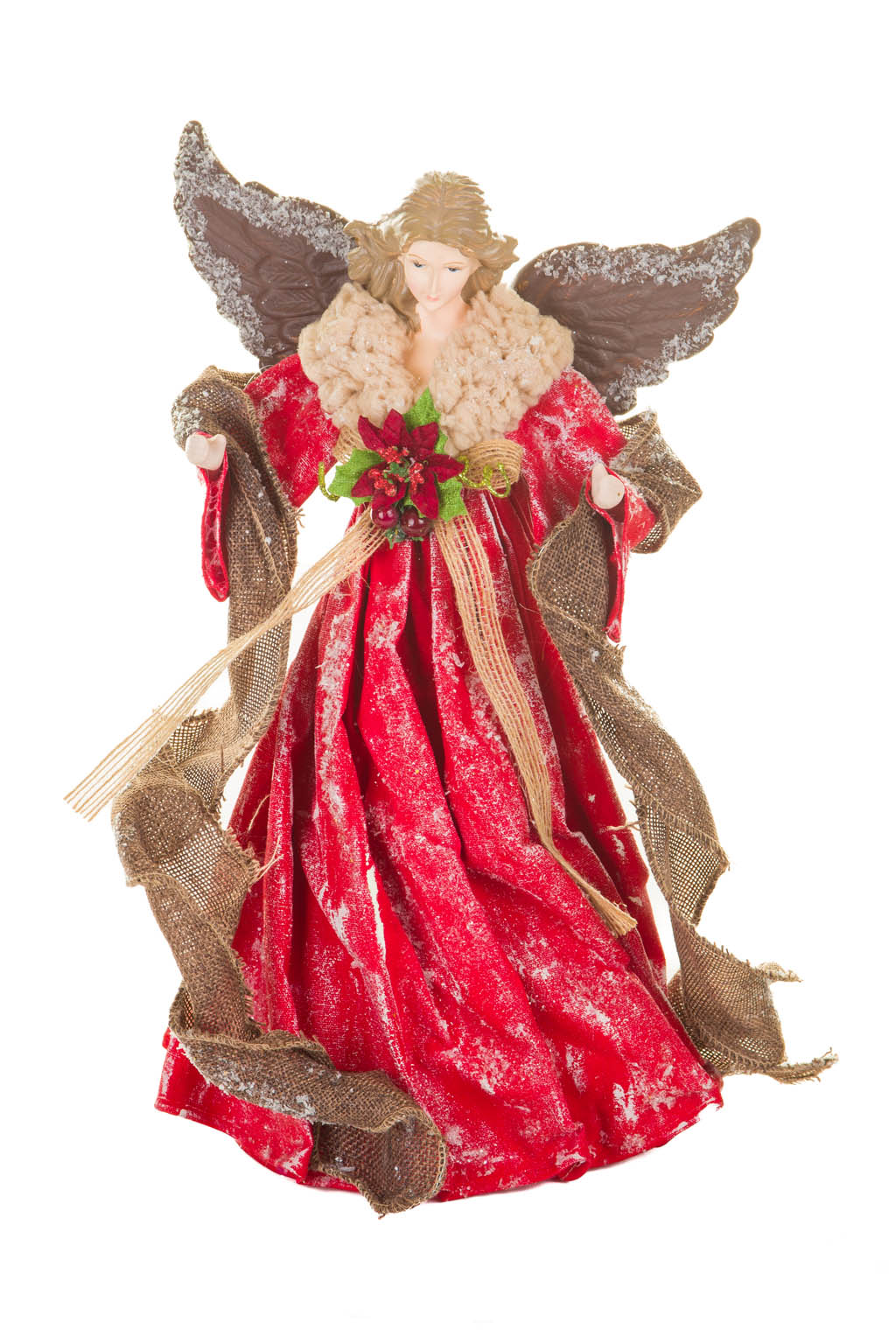 Red and Brown Ornate Warm White Angel Tree Topper Covered in Icy Snowflakes