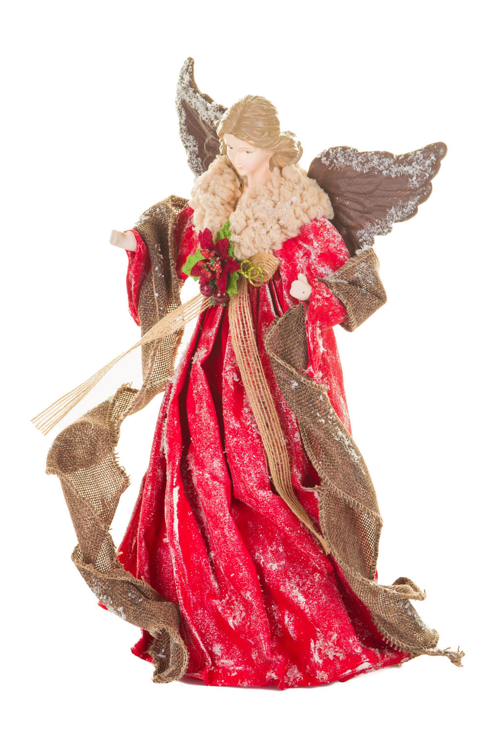 Red and Brown Ornate Warm White Angel Tree Topper Covered in Icy Snowflakes - Image 2