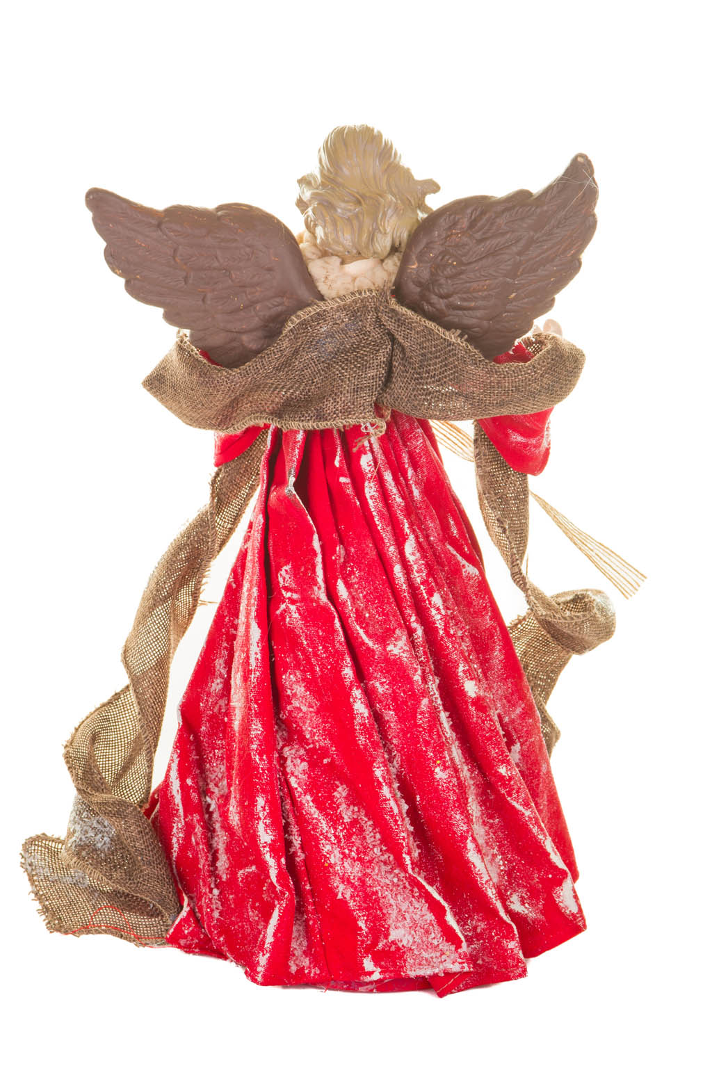 Red and Brown Ornate Warm White Angel Tree Topper Covered in Icy Snowflakes - Image 3