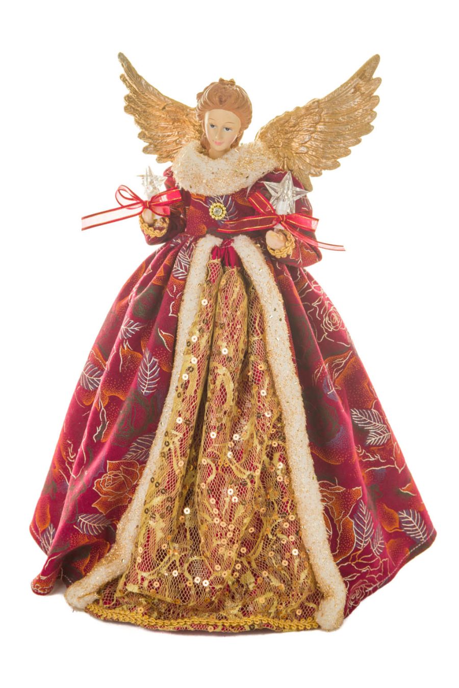 Burgundy and Gold Floral Monarchical Warm White LED Angel Tree Topper