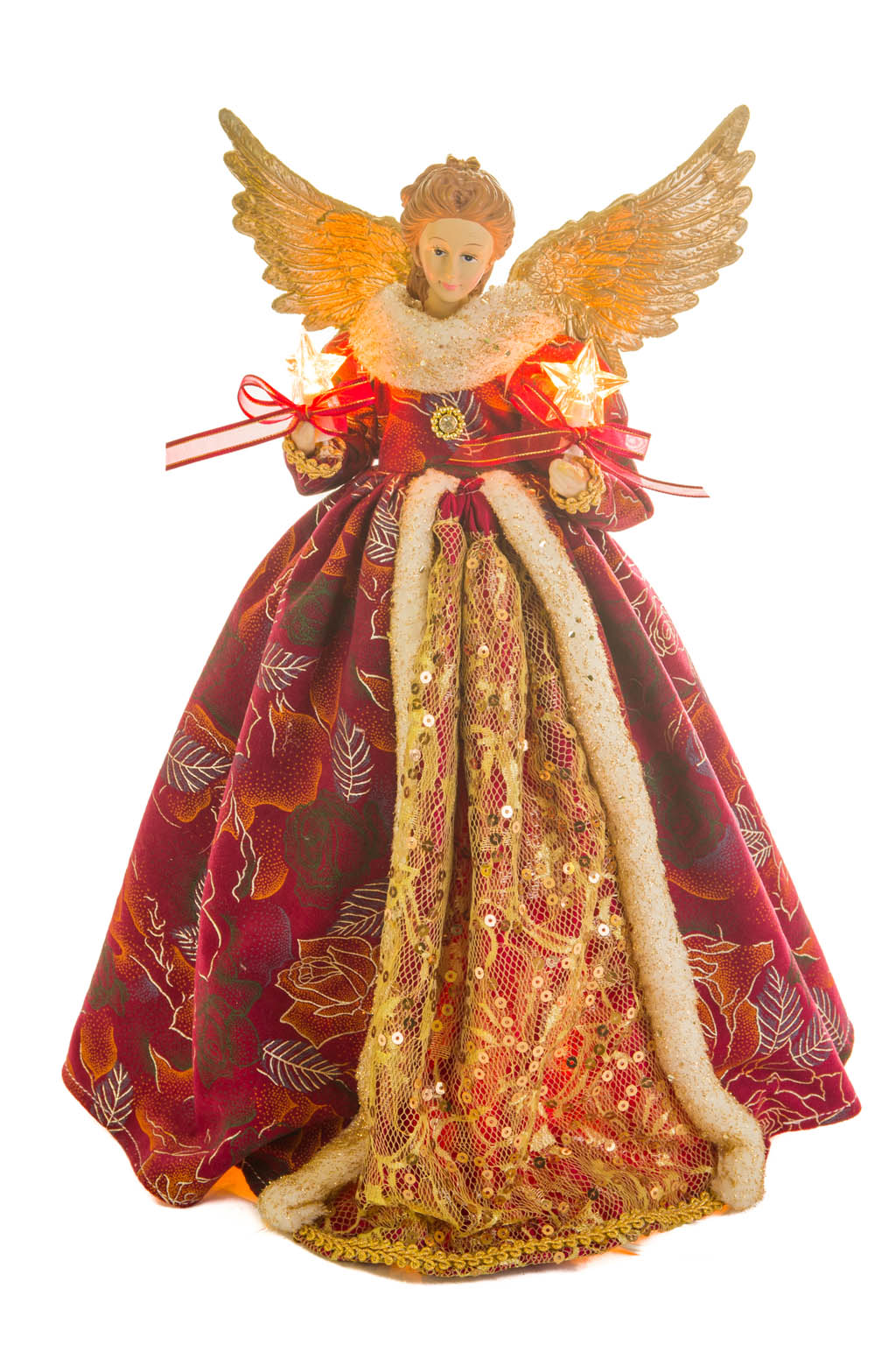 Burgundy and Gold Floral Monarchical Warm White LED Angel Tree Topper - Image 5