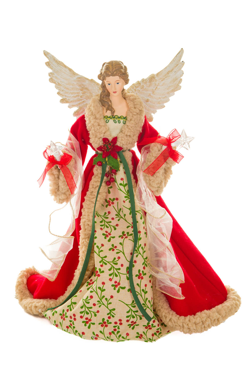 Large Red and Beige Chic Warm White LED Angel Tree Topper with Glowin Stars