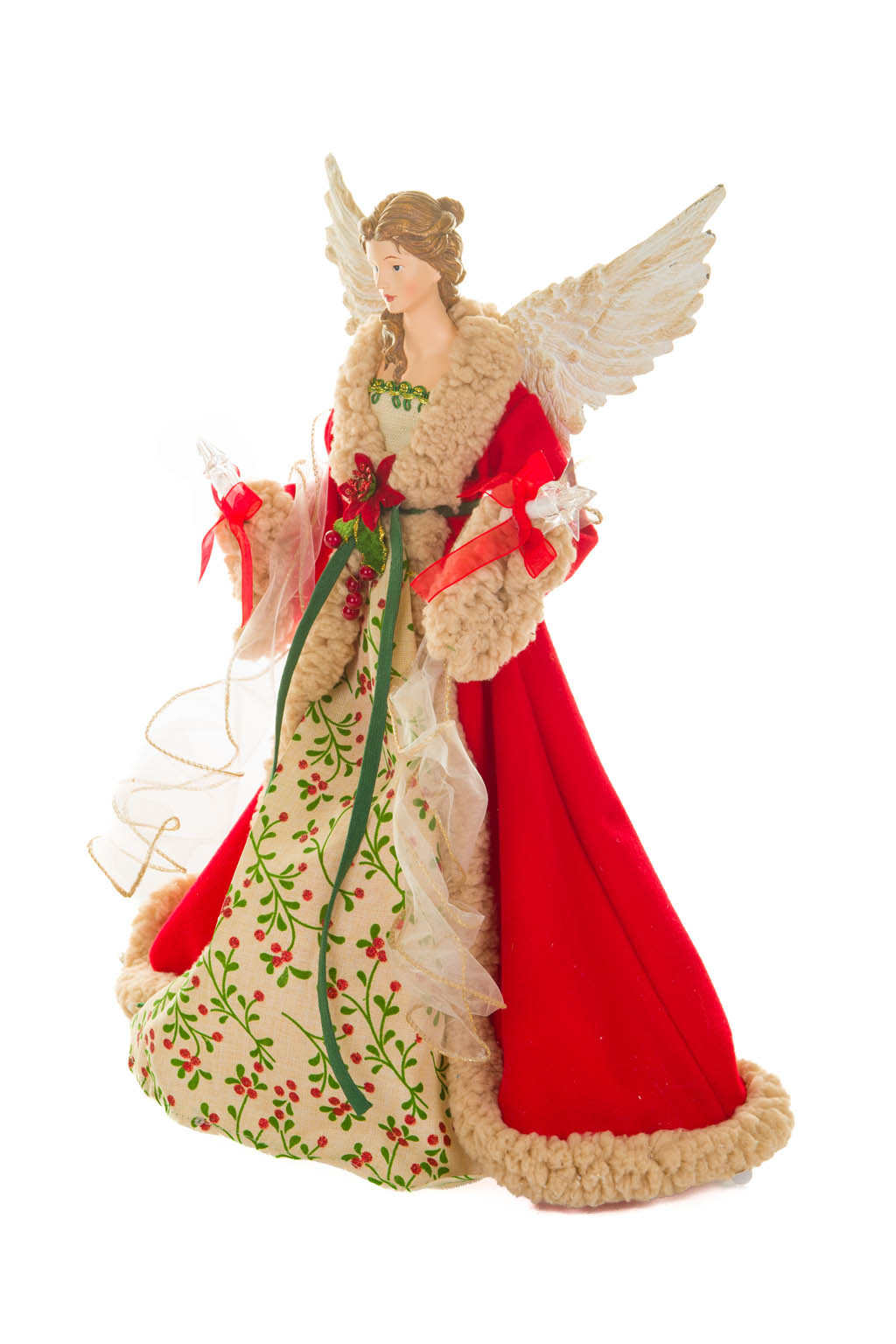 Large Red and Beige Chic Warm White LED Angel Tree Topper with Glowin Stars - Image 2