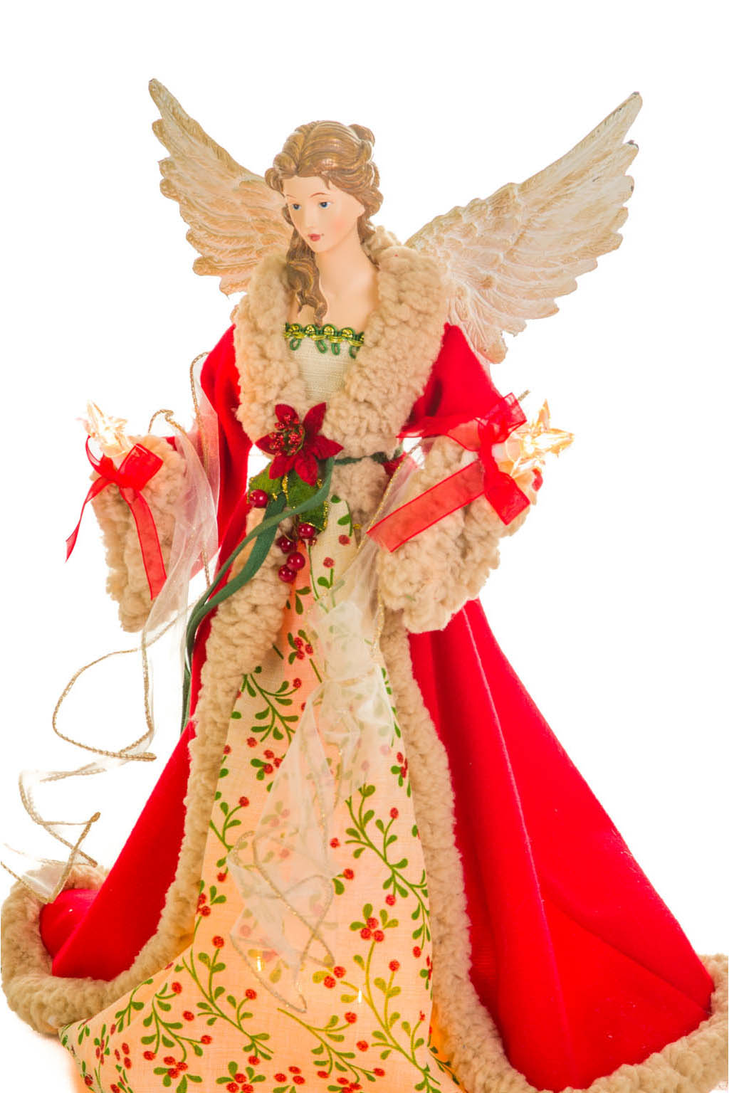 Large Red and Beige Chic Warm White LED Angel Tree Topper with Glowin Stars - Image 5