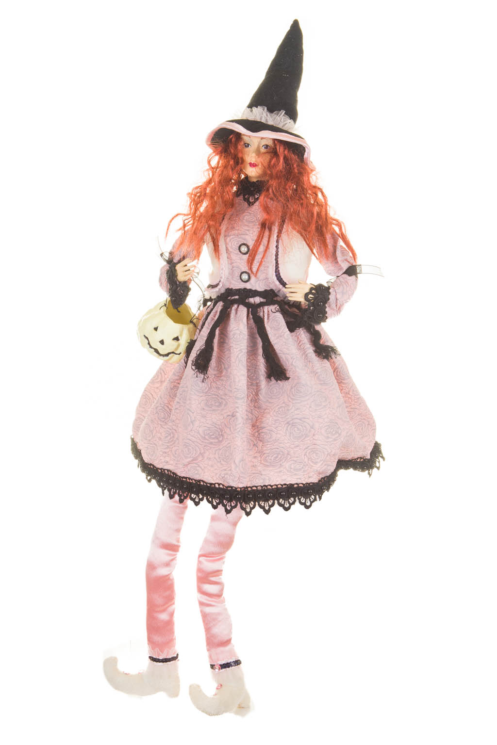 Captivating Sitting Baby Pink and Black Witch with a White Pumpkin and Velvet Hat