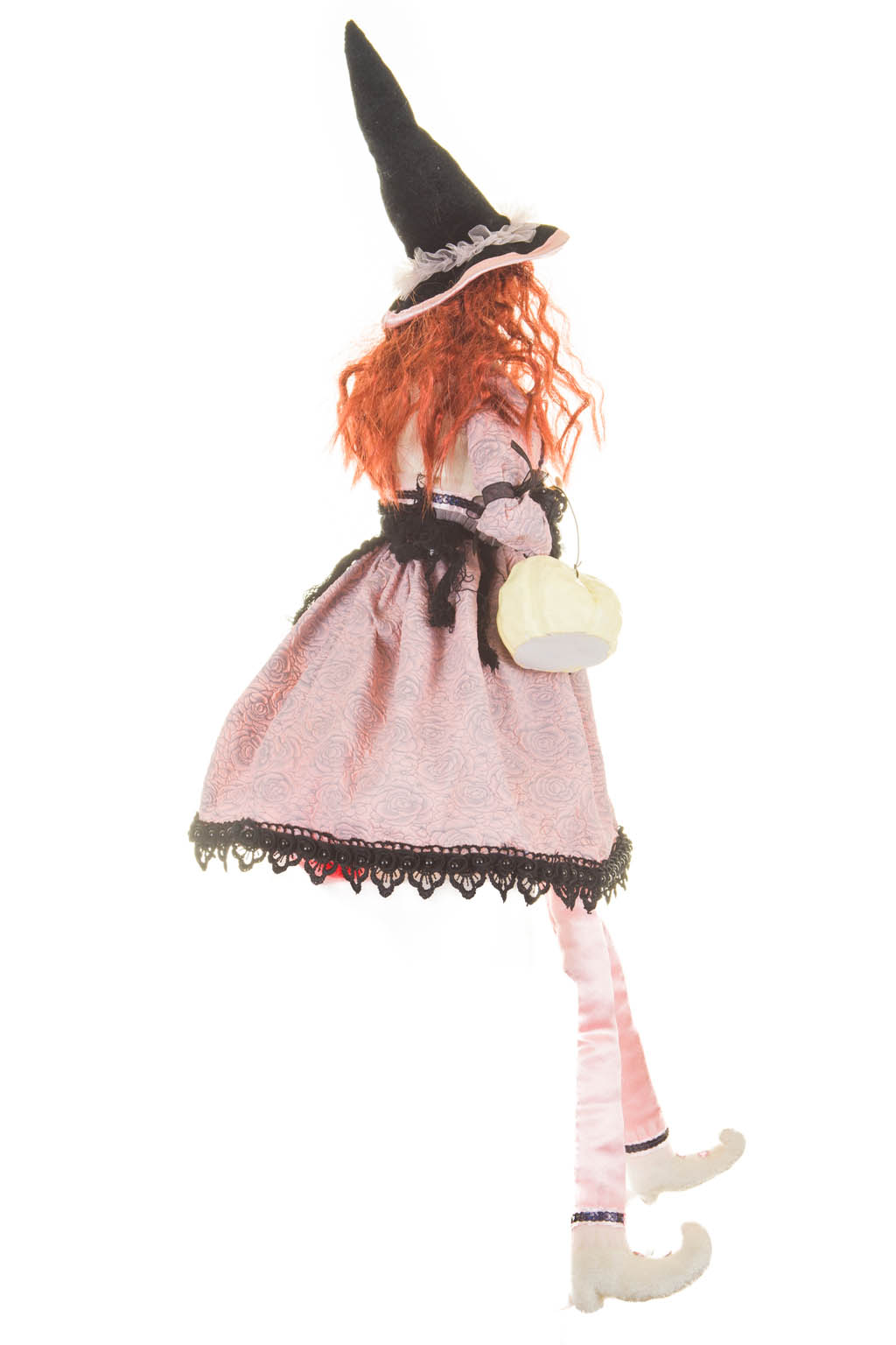 Captivating Sitting Baby Pink and Black Witch with a White Pumpkin and Velvet Hat - Image 2