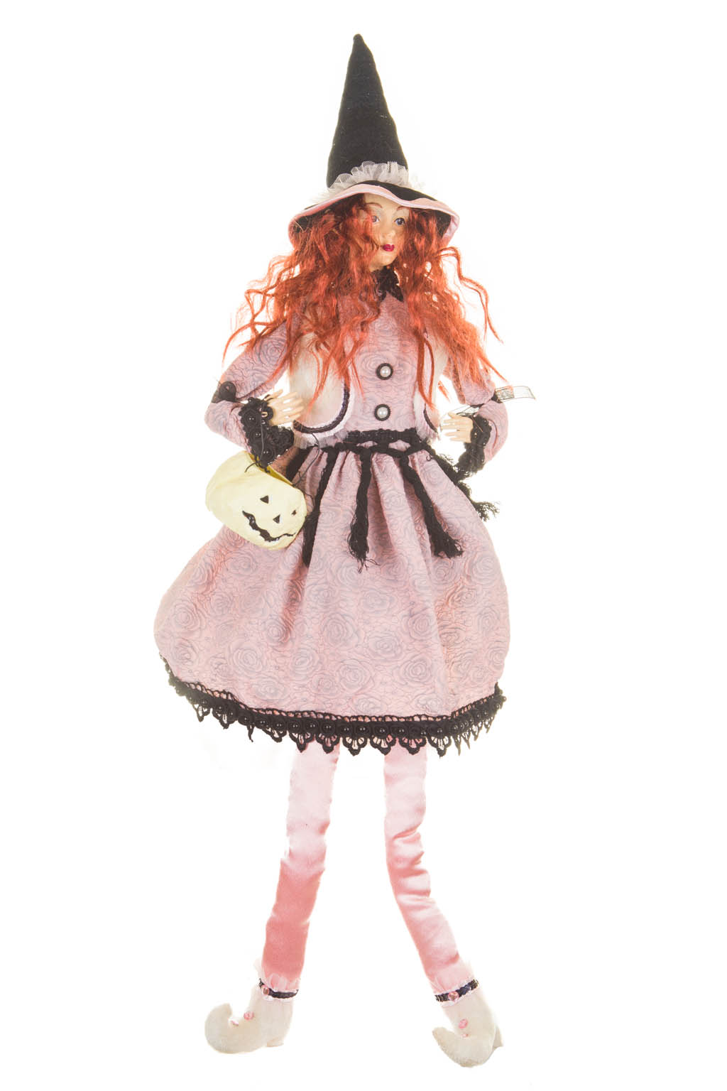 Captivating Sitting Baby Pink and Black Witch with a White Pumpkin and Velvet Hat - Image 3