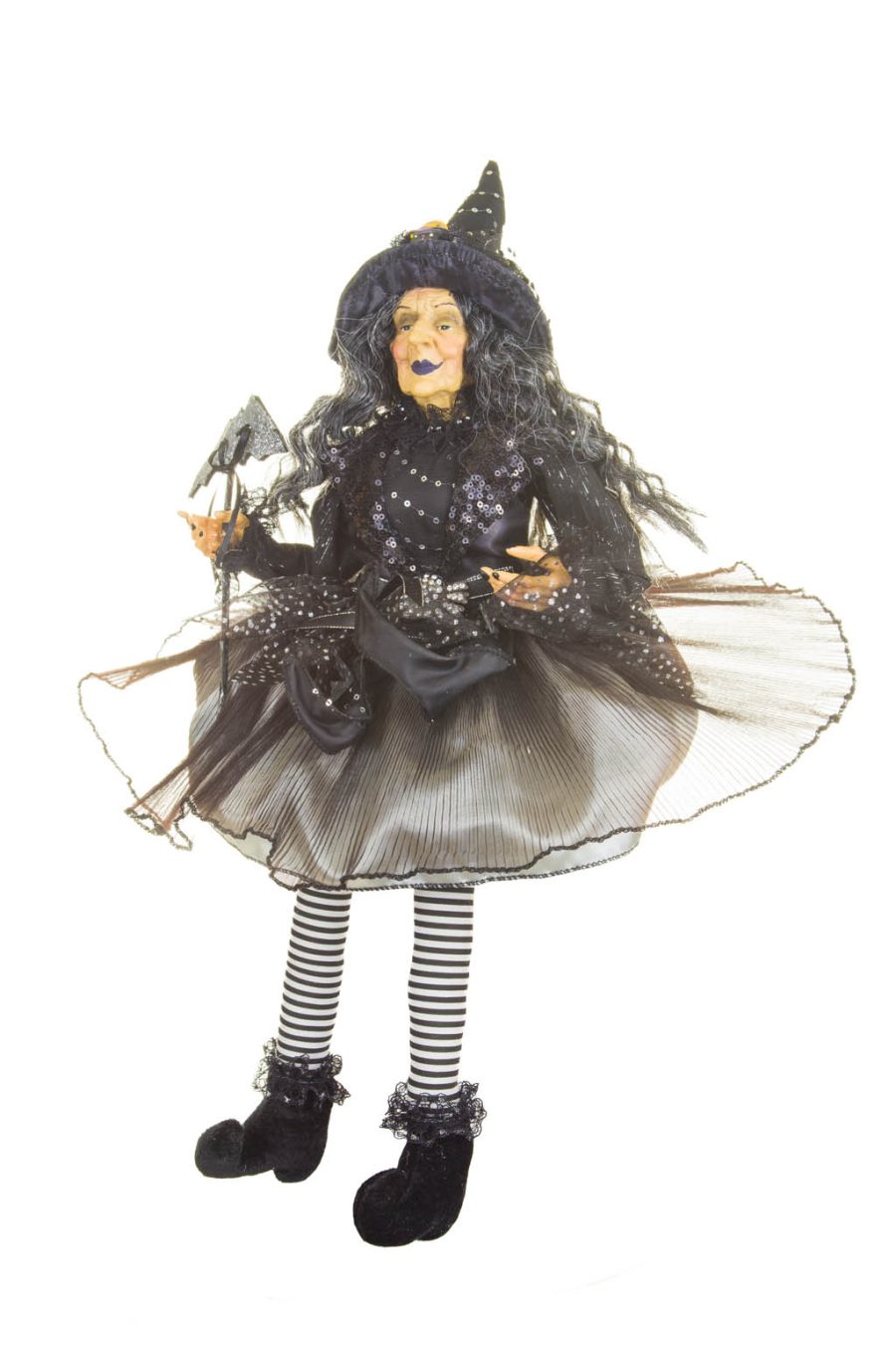 Smiling Sitting Black and Greyish Silver Witch holding a Masquerade Mask