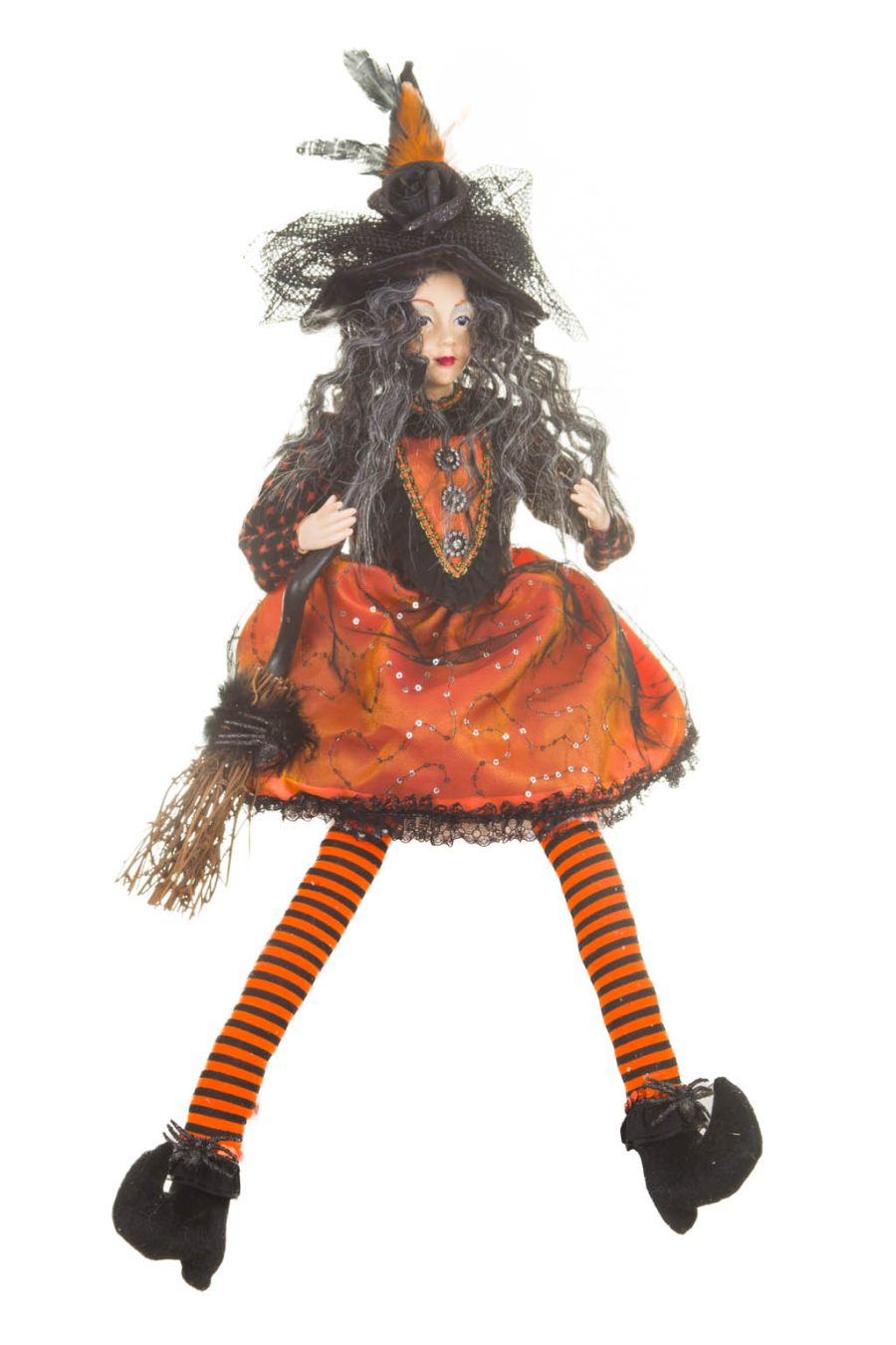 Captivating Sitting Orange and Black Witch with a Broom and Black and Gray Hair