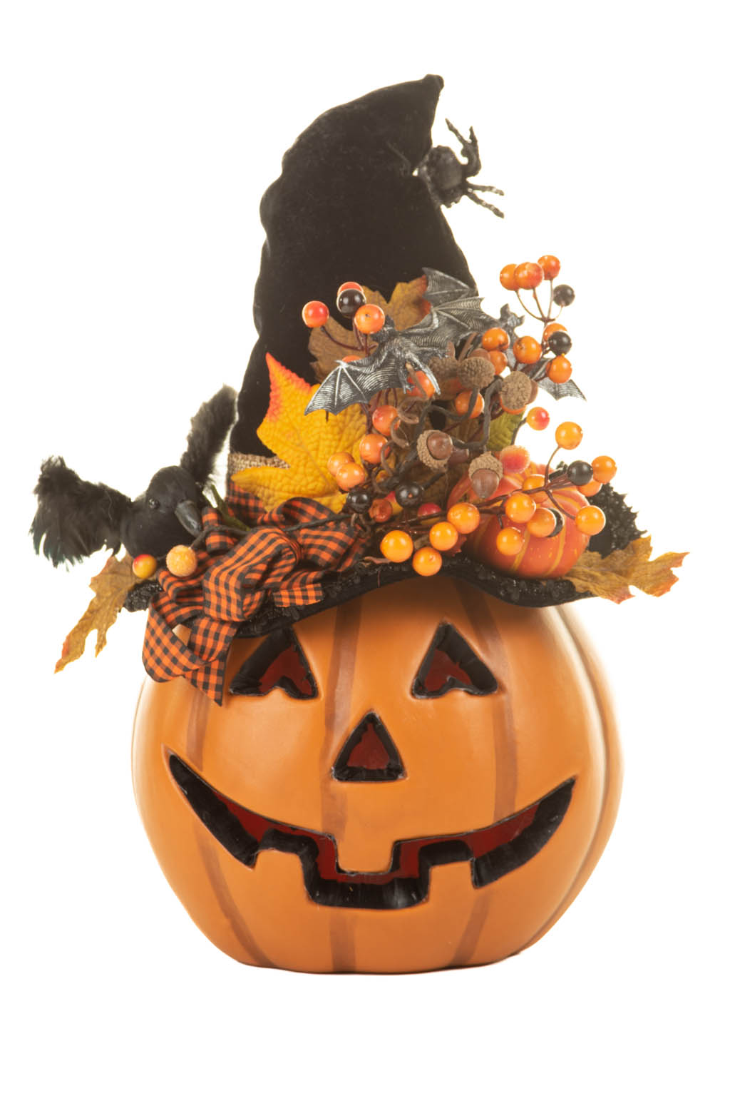 Ominous Orange and White Bewitched Pumpkin with a Bizzarely Decorated Hat and a Crow