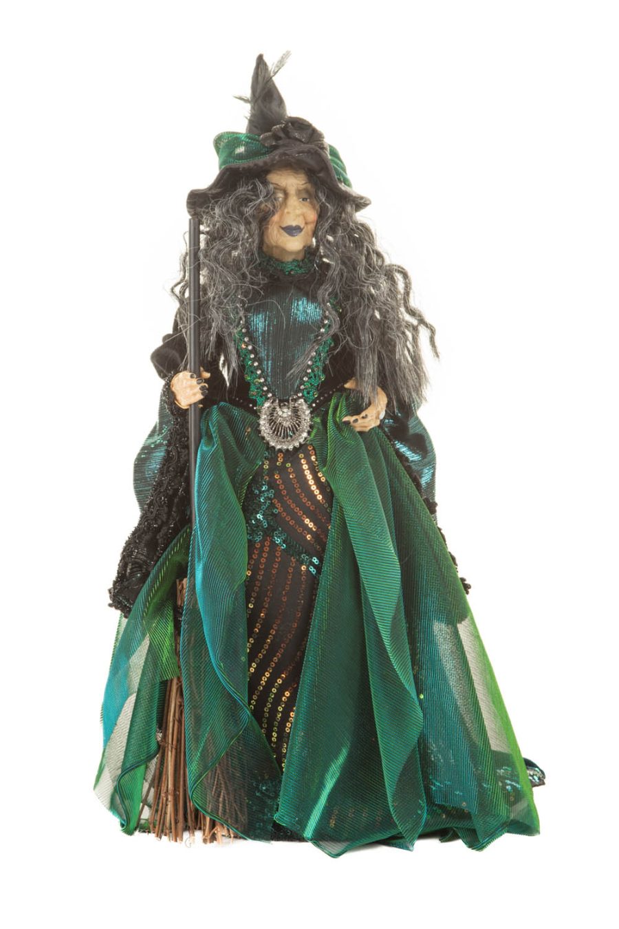Glittery Emerald and Black Darkly Opulent Witch with Prescious Gemstones Adornment