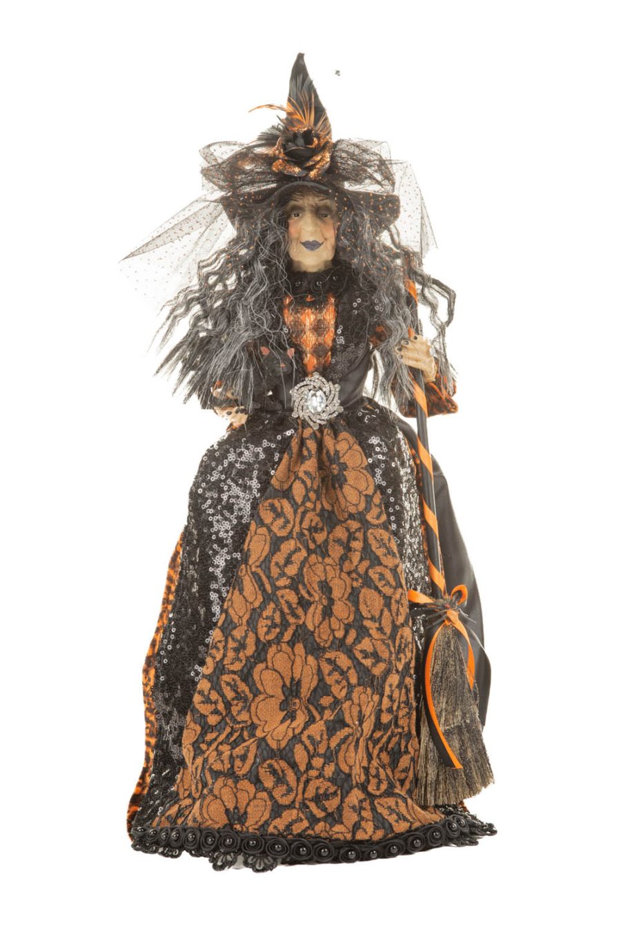 Black and Orange Sequin Decadent Witch with Cradled Cat and Broomstick