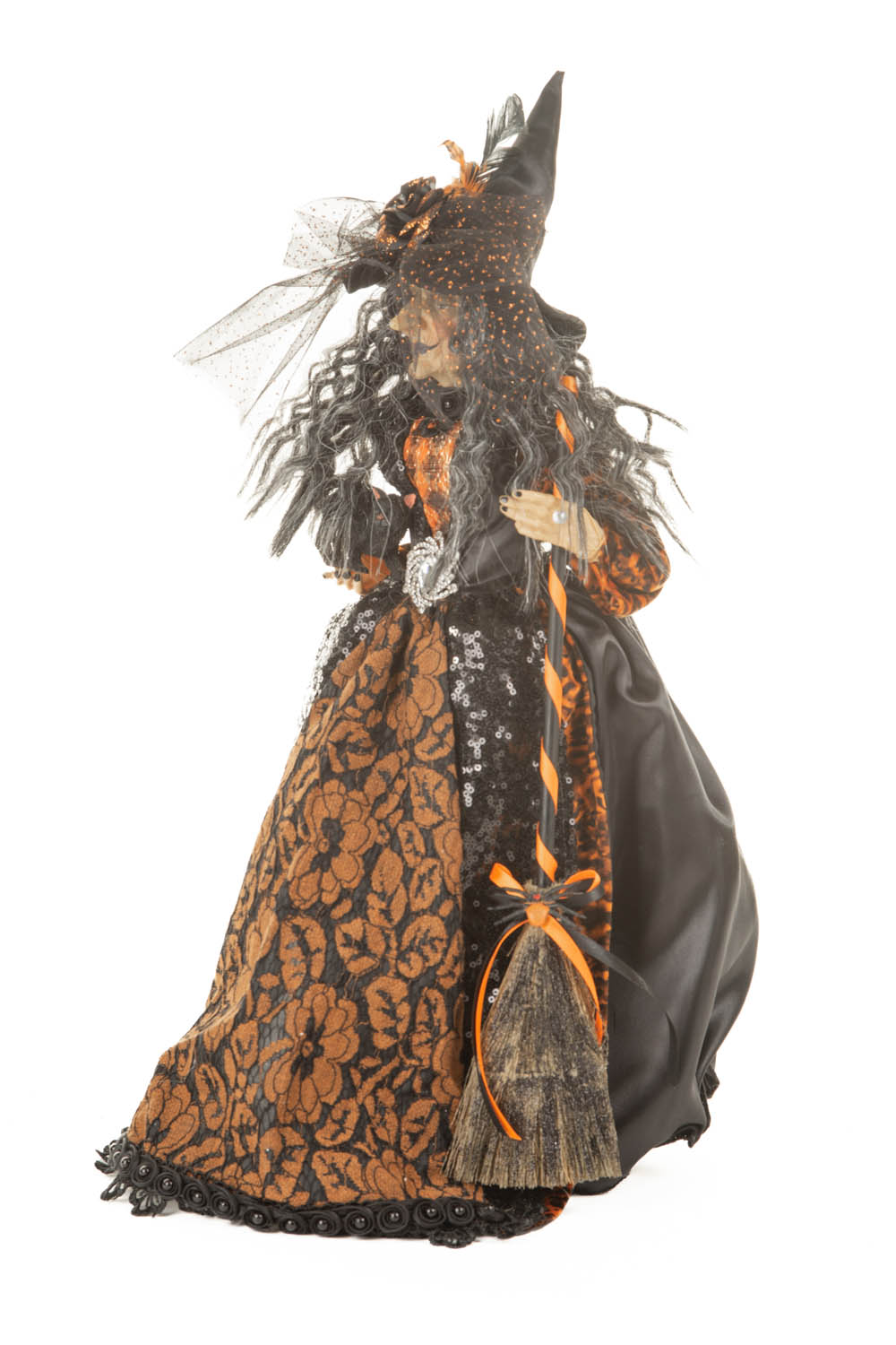 Black and Orange Sequin Decadent Witch with Cradled Cat and Broomstick - Image 2