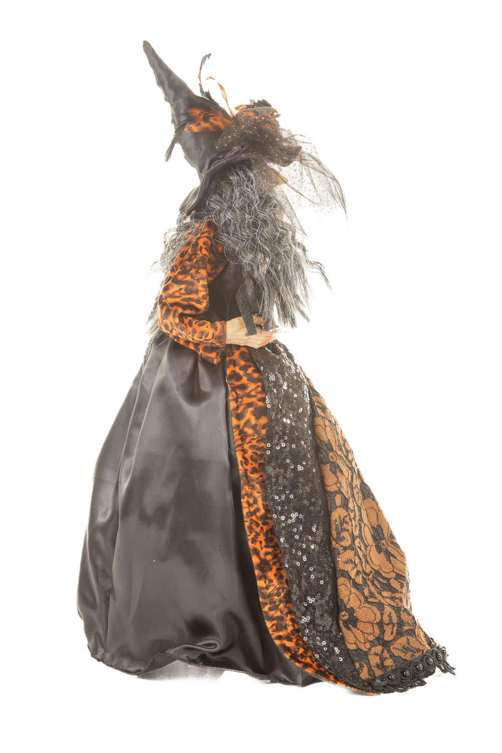 Black and Orange Sequin Decadent Witch with Cradled Cat and Broomstick - Image 4