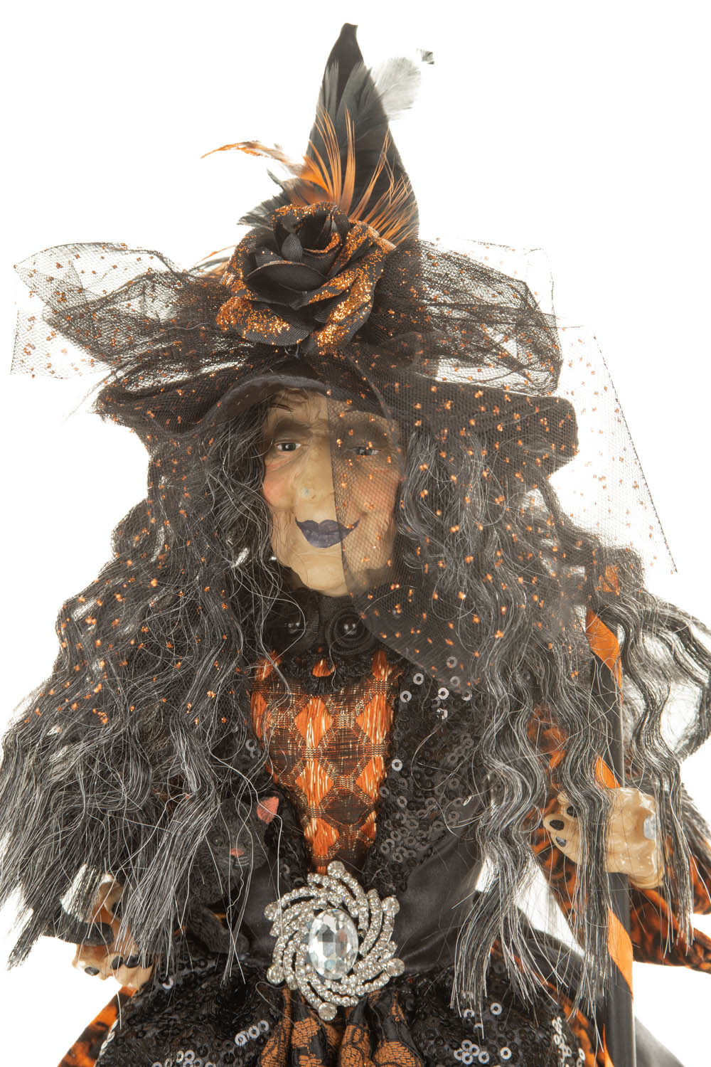 Black and Orange Sequin Decadent Witch with Cradled Cat and Broomstick - Image 5