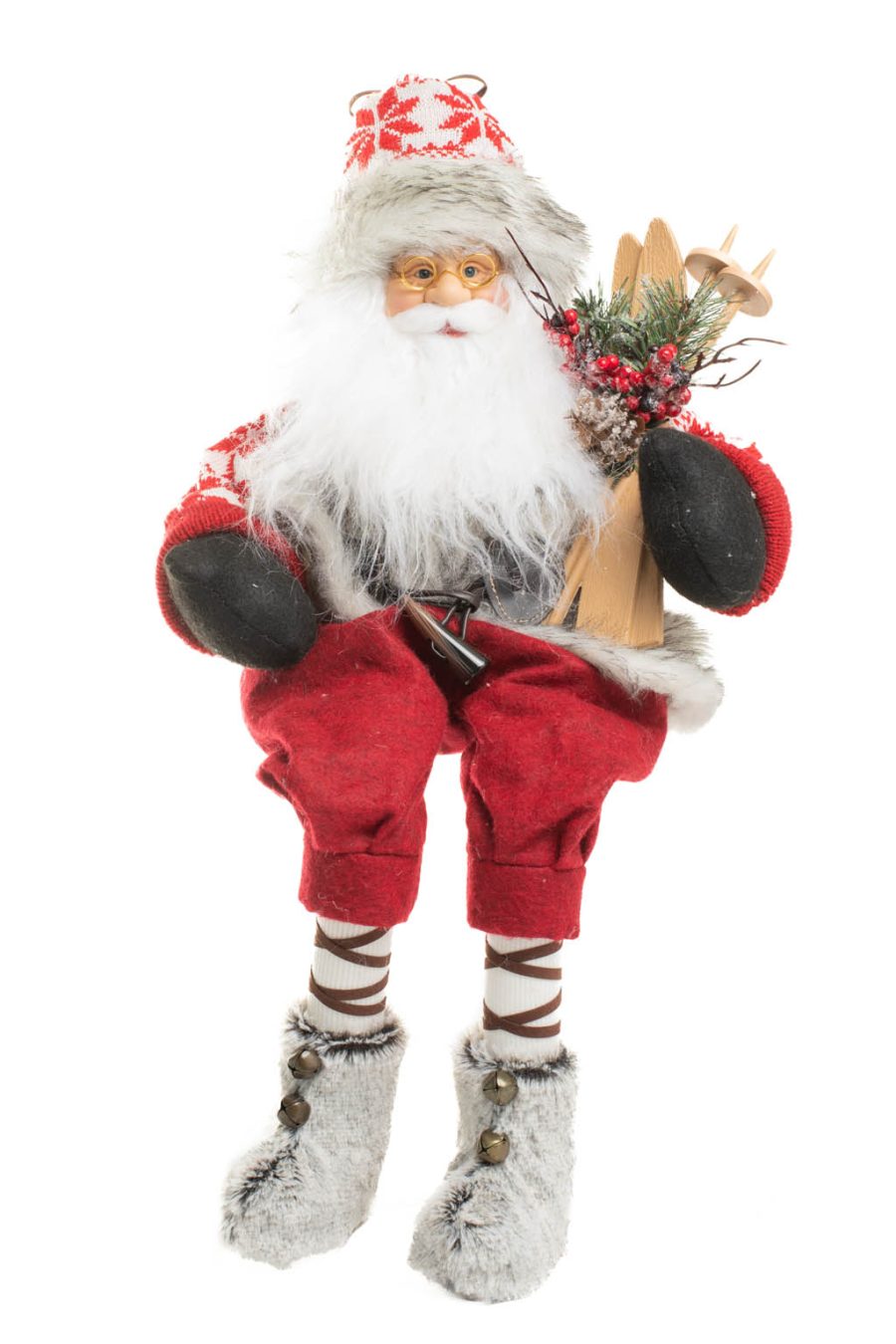 Sitting Red and White Snowflake Alpine Santa with Skiis and Boots with the Fur