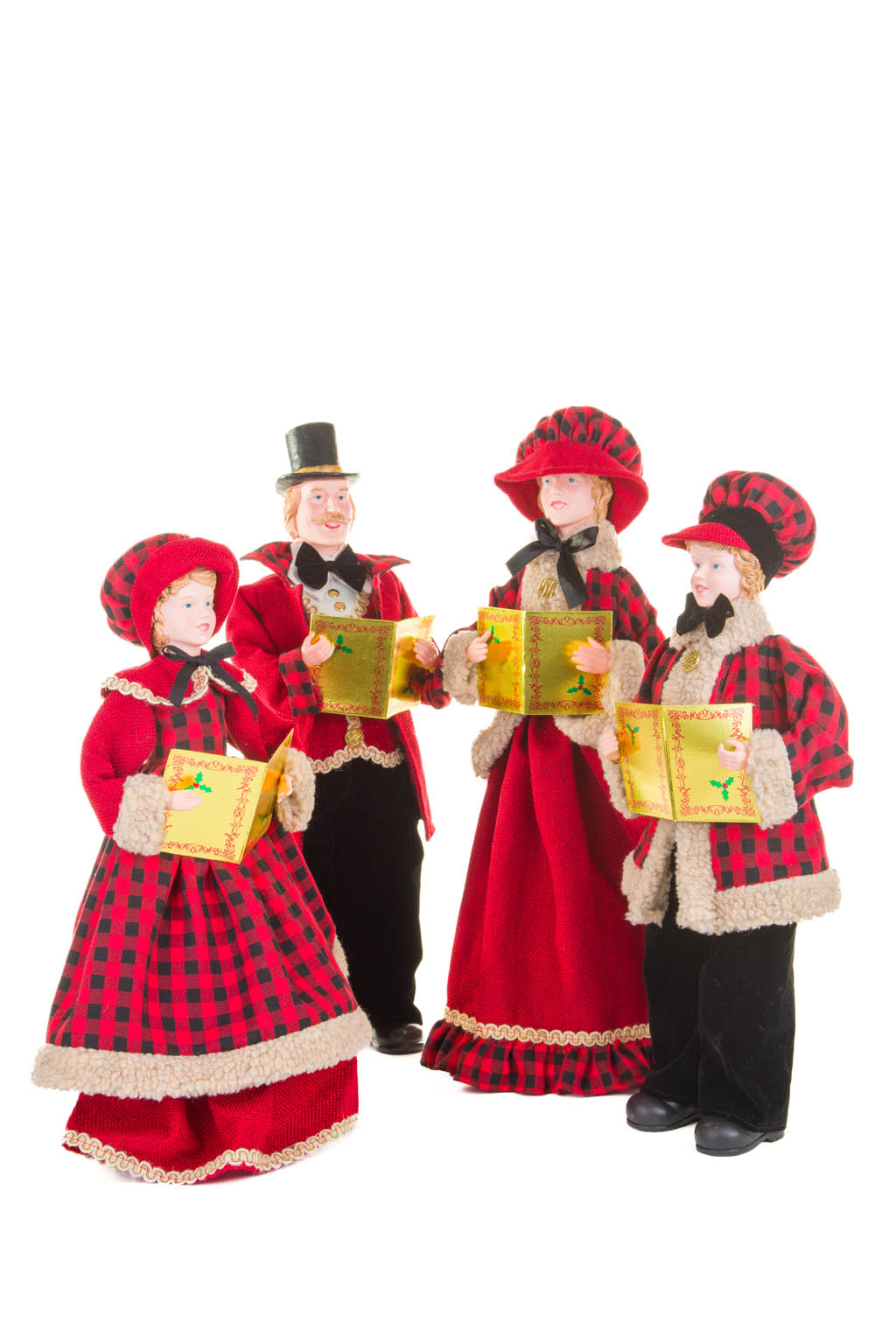 Red and Black Plaid Caroler Family with Golden Buttons , Set Of 4