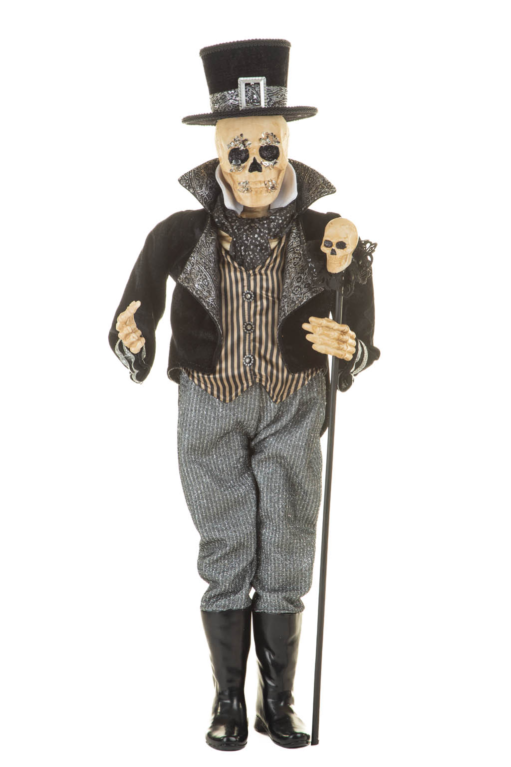 Black Striped Party-Ready Skeleton with Popped Collar Skull Scepter