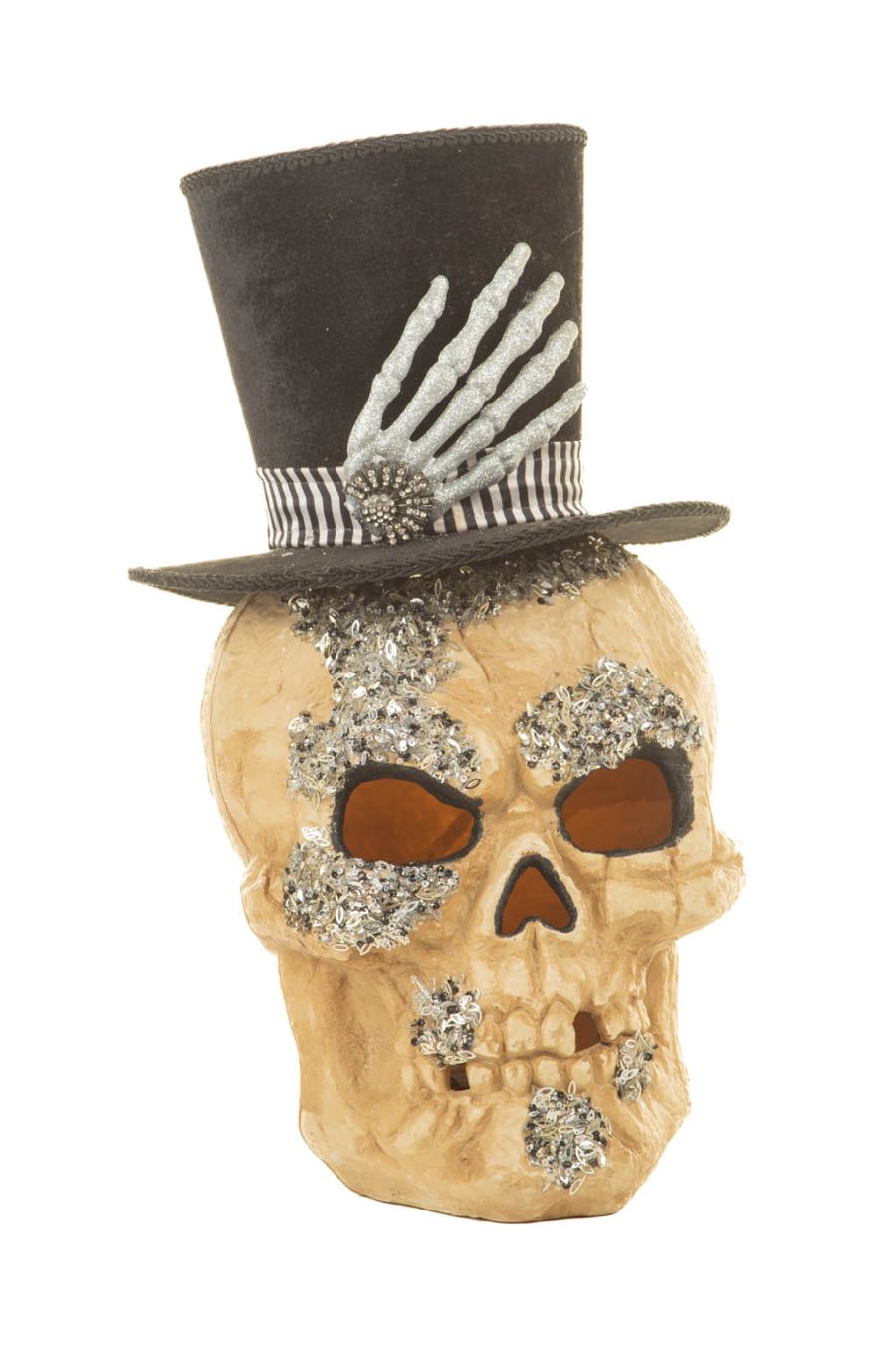 Sitting Beige and Black Sequin Glamorous Skull with Slick Tophat
