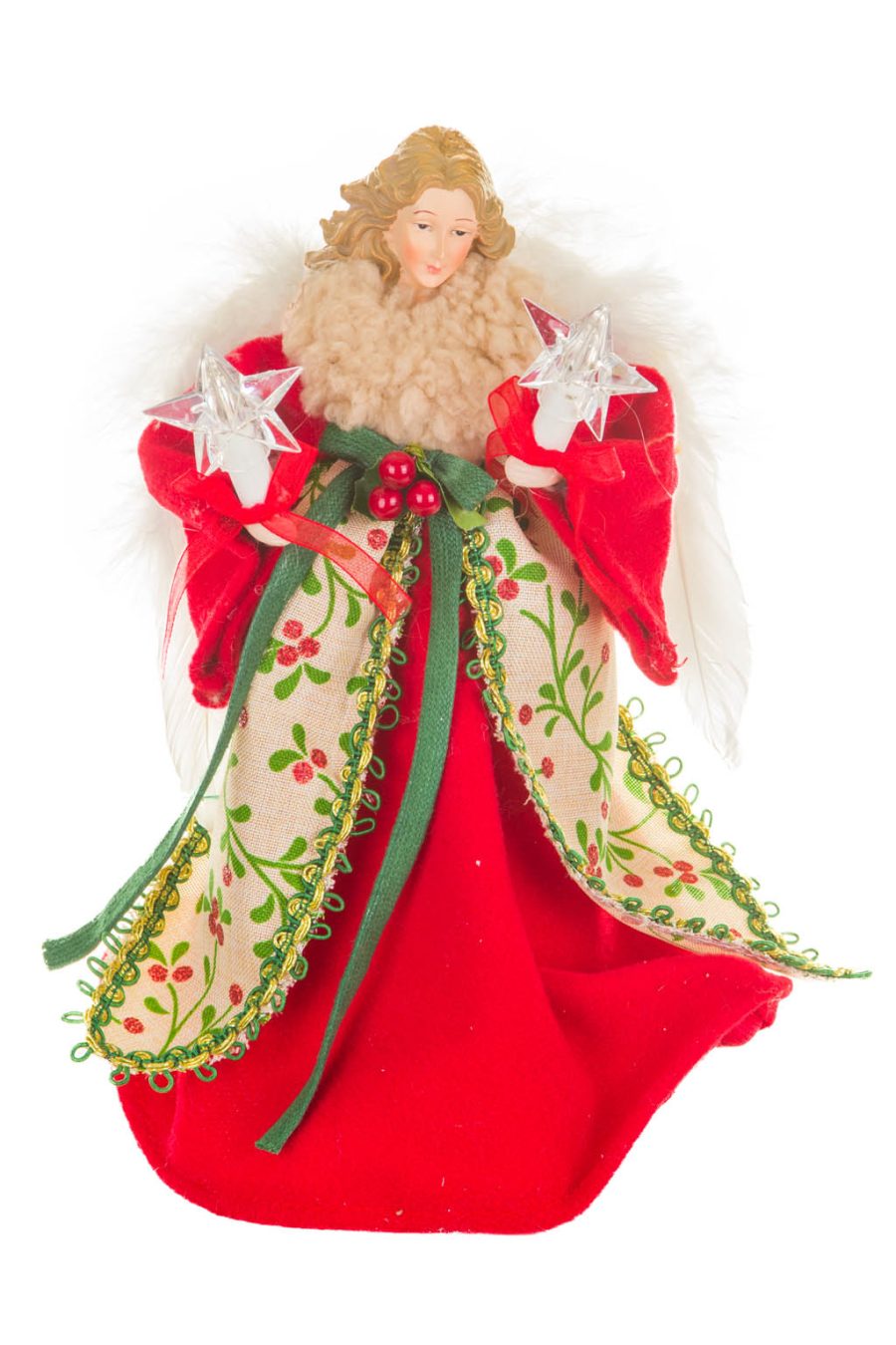 Red and Beige Chintz Cozy Warm White LED Angel Tree Topper