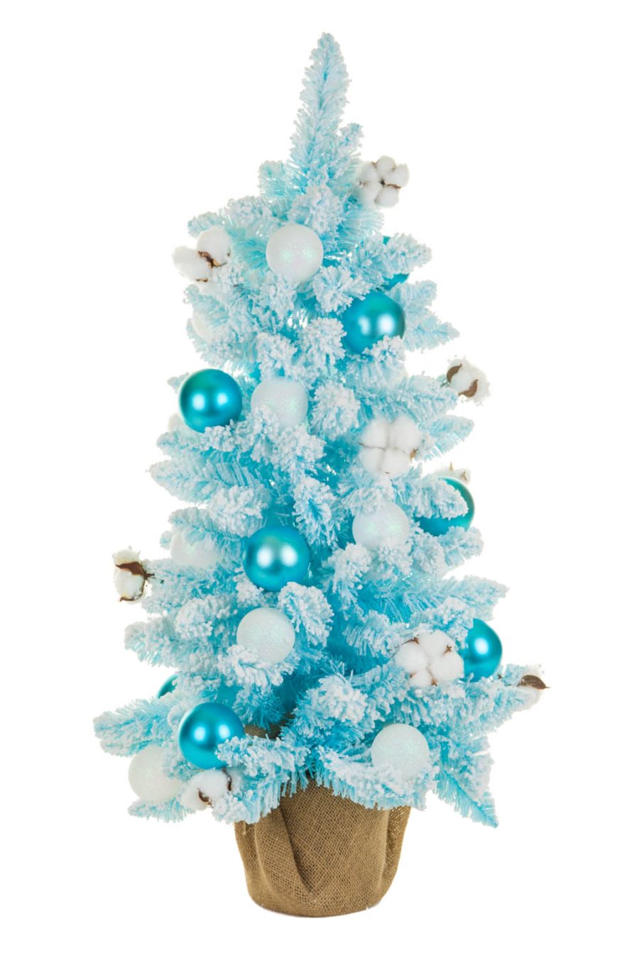 Frosty White and Blue Cotton Christmas Tree with Ornaments