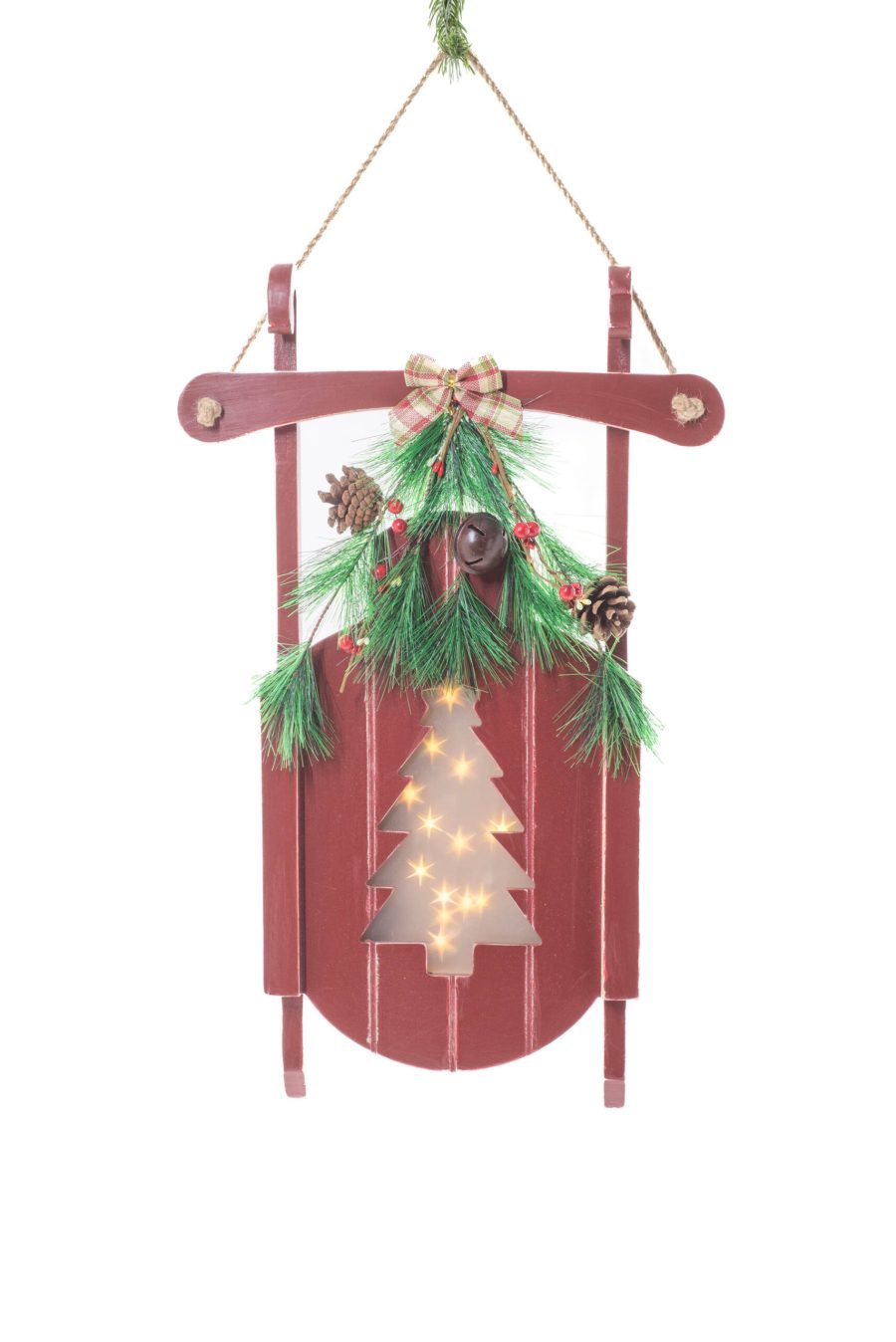 Red Wood Hanging Light-Up LED Sled with Christmas Tree Engraving