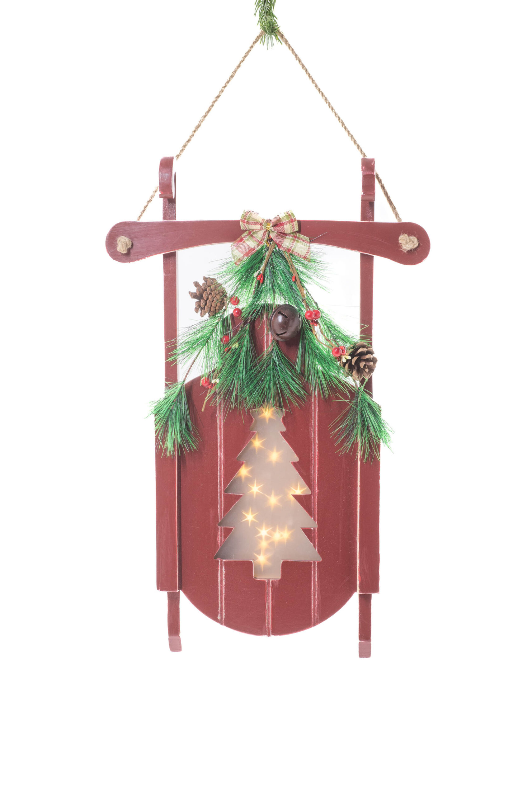 Red Wood Hanging Light-Up LED Sled with Christmas Tree Engraving