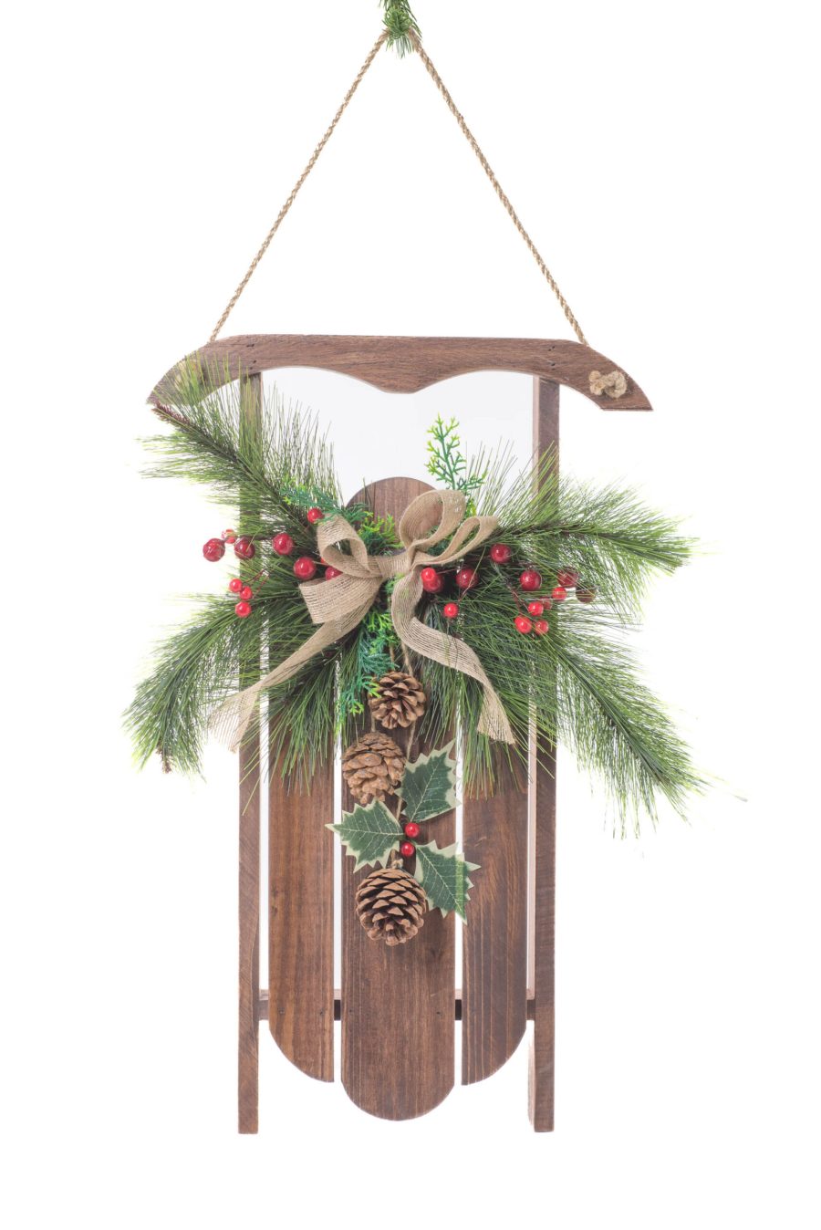 Brown/Green Wood Hanging Sled Sled with Spray