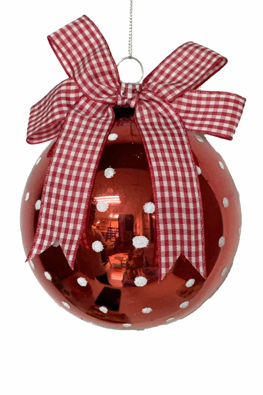 Red/White Hanging Spotted Glass Ball Ornament