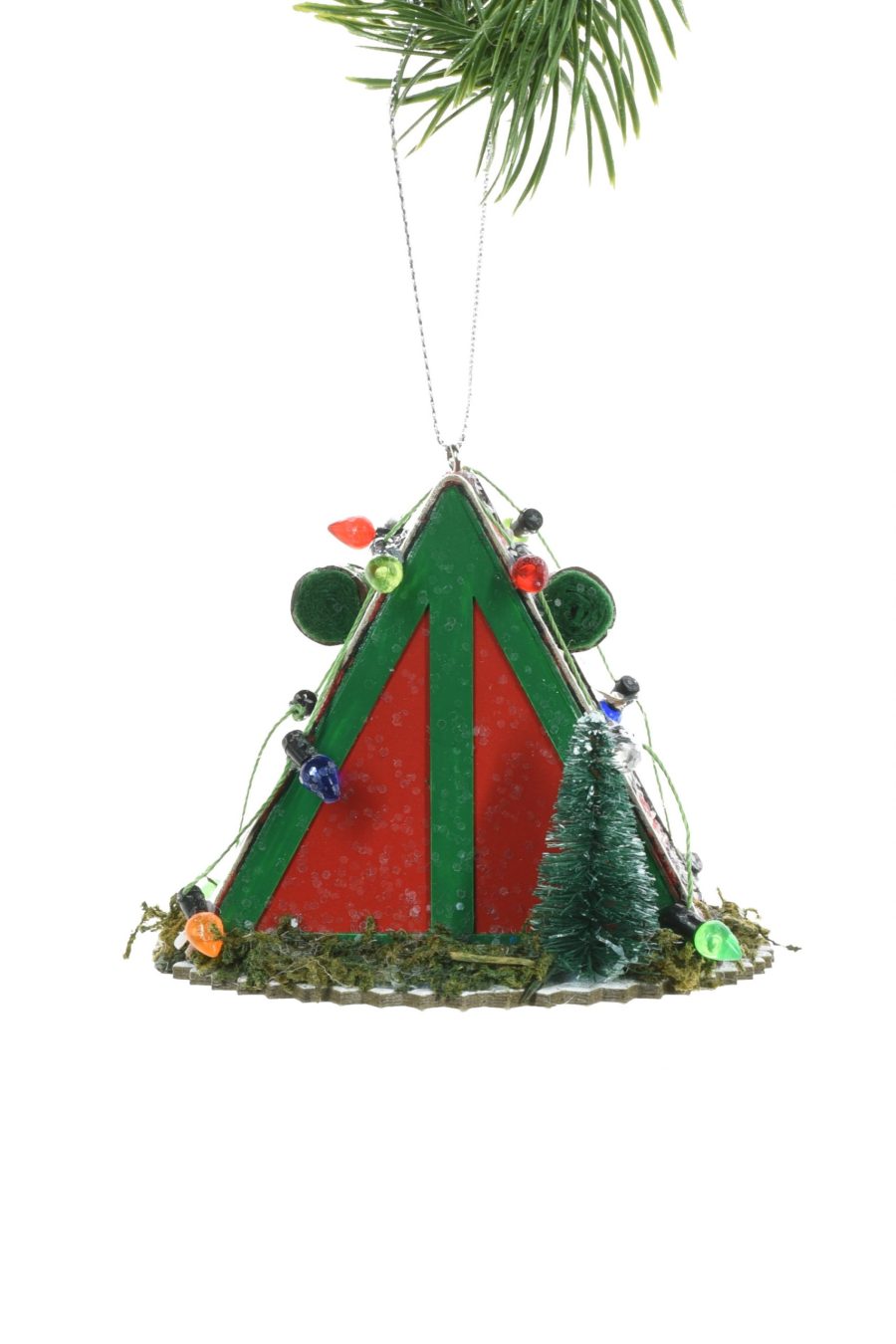 Red Hanging Buffalo Plaid Rustic Tent LED Ornament