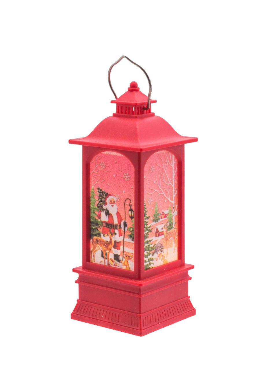 Red Light-Up Small LED Christmas Lantern with Santa-Scape